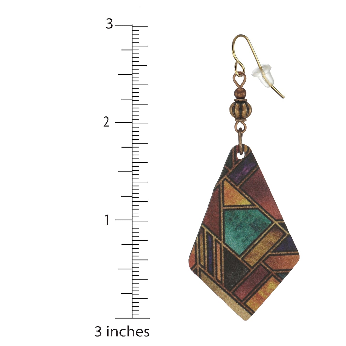 Unique Modern Boho Multi Rainbow Colored Abstract Diamond Shape Wood and Copper Earrings, 18K Gold Ear Wires