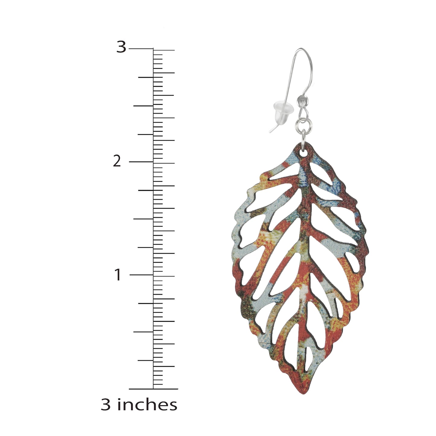 Beautiful Boho Multi Rainbow Color Wood Leaf Shaped Lightweight Statement Dangle Earrings, .925 Sterling Silver Earwires