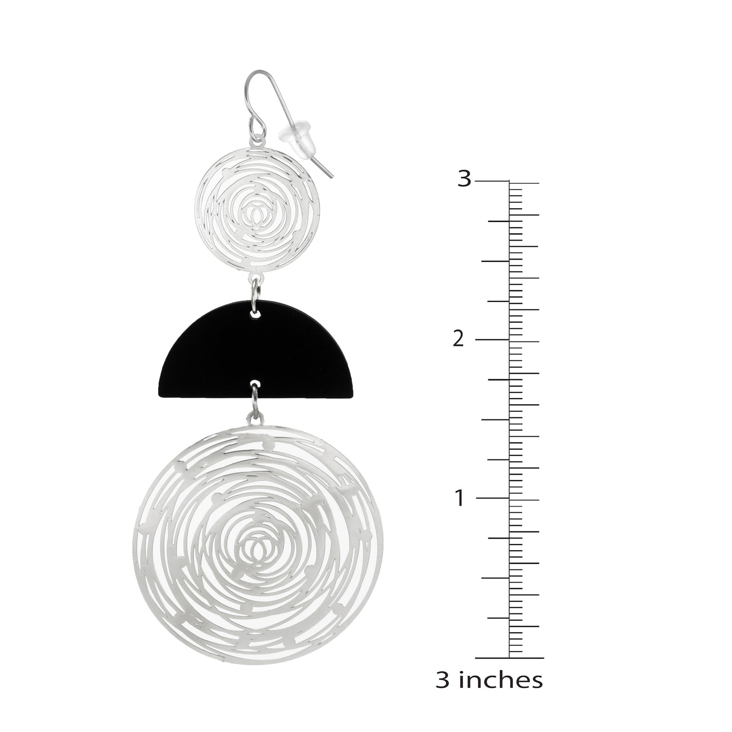 Large Black & Silver Circles Lightweight Hoop Statement Earrings, Platinum Ear Wires