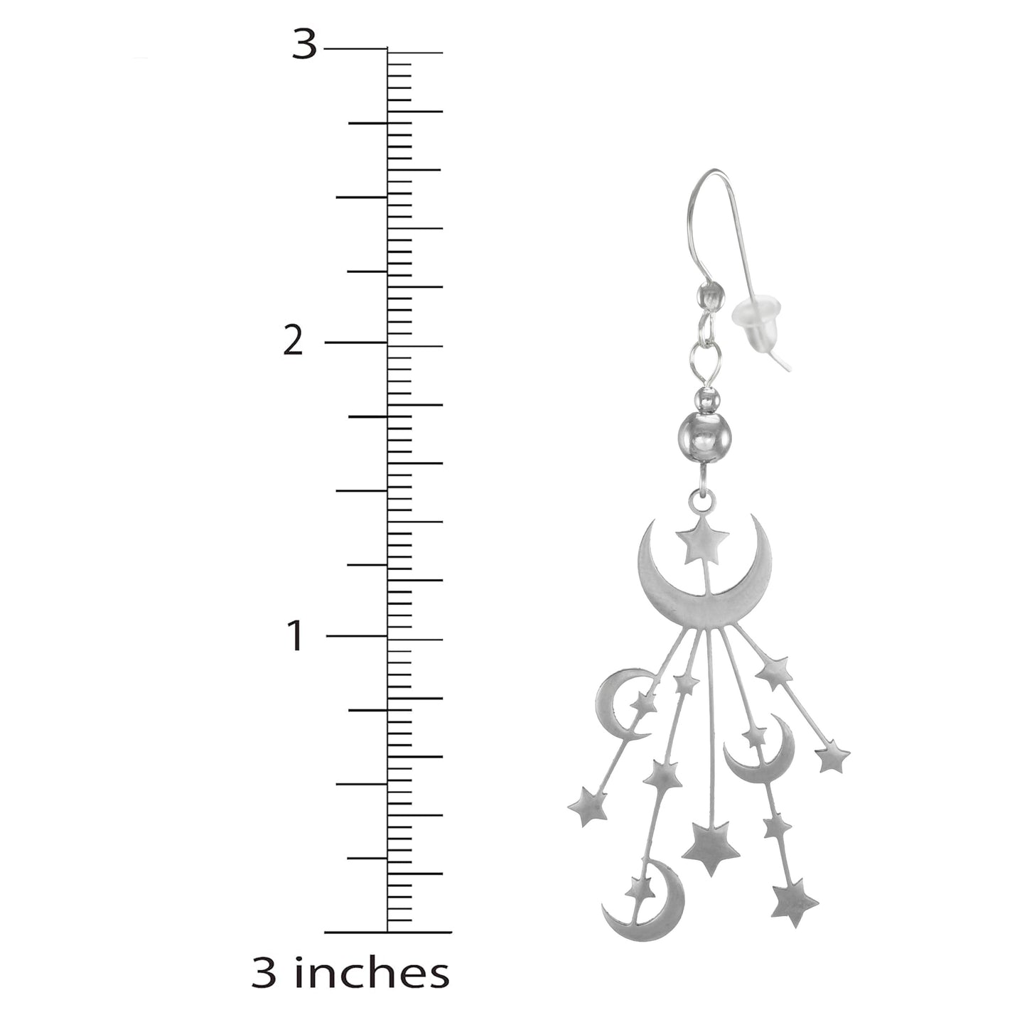 Beautiful Silver Celestial Moon and Stars Stainless Steel Statement Earrings, .925 Sterling Silver Ear Wires
