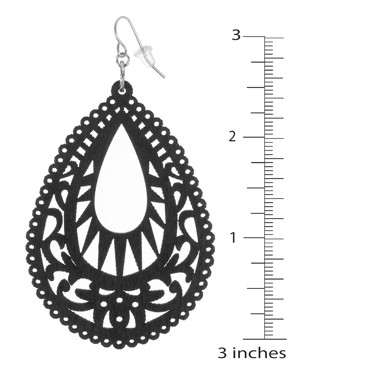 Beautiful Large Black Wood Teardrop Boho Statement Earrings – Hypoallergenic Platinum Earwires