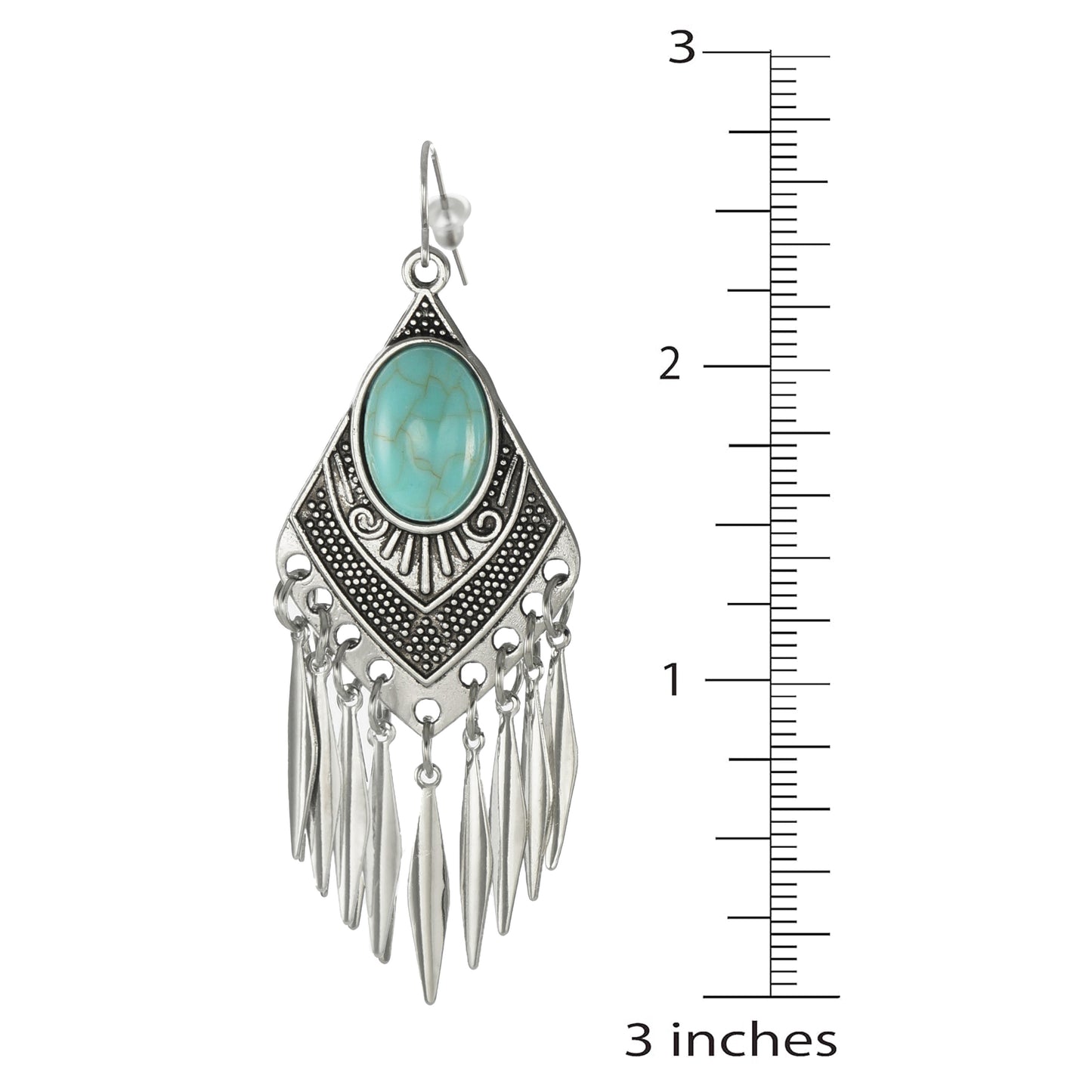 Beautiful Antique Silver Triangle Western Turquoise Boho Dangle Statement Bohemian Earrings, Platinum Ear Wires