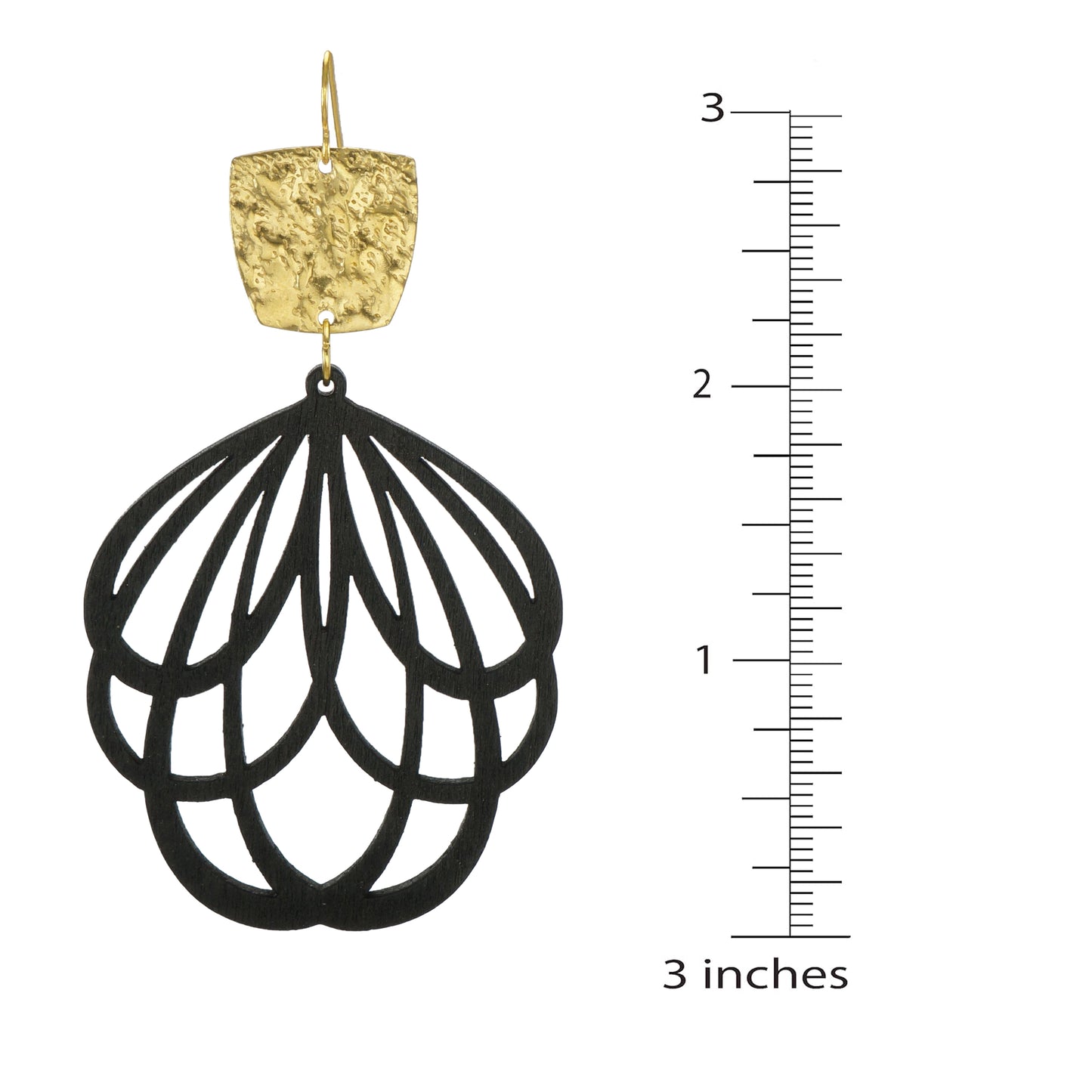 Beautiful Large Black Wood Teardrop with Hammered Gold Lightweight Boho Statement Earrings, 18K Ear Wires, Gift for Her