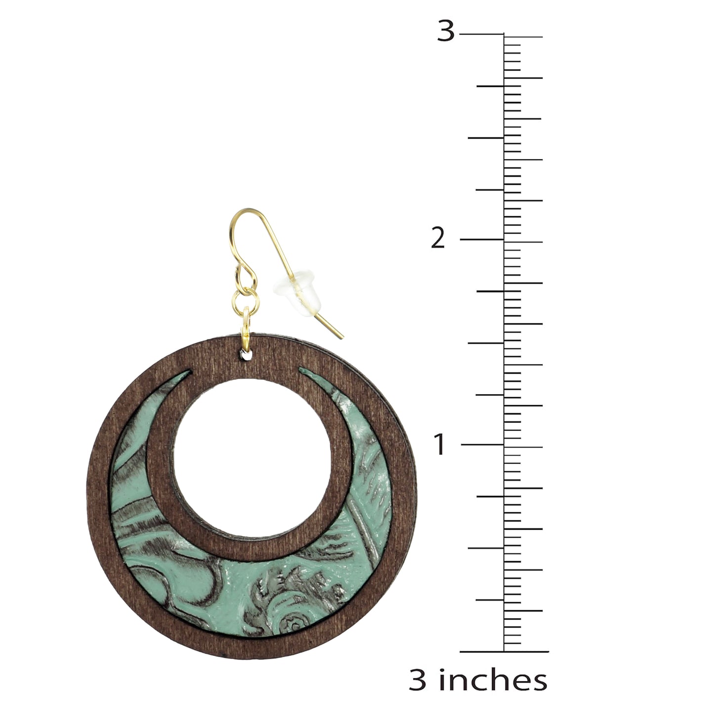 Brown Wood and Embossed Leather Vintage Donut Hoop Dangle Lightweight Boho Statement Earrings, Green or Mauve Pink, 18K Ear Wires
