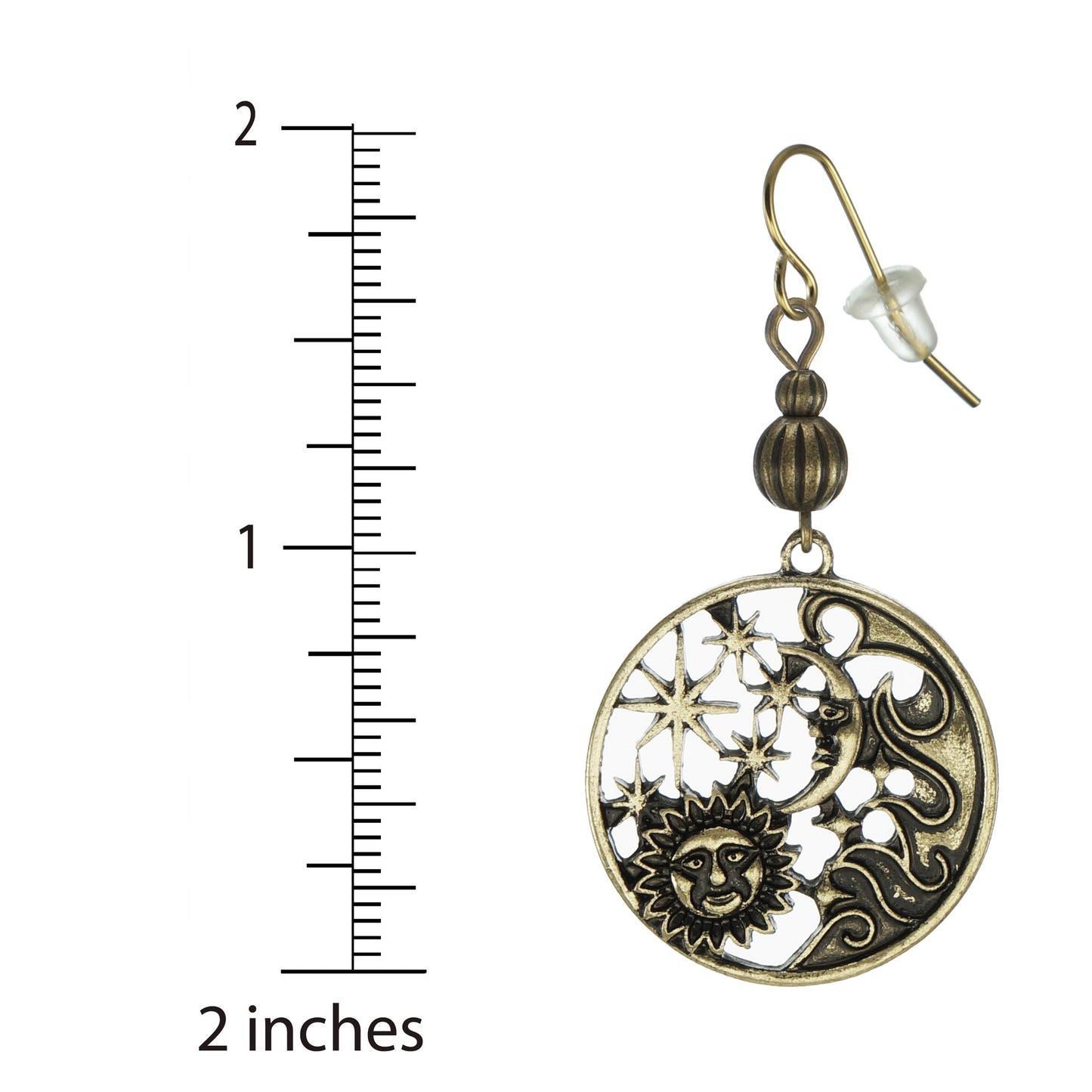 Beautiful Antique Gold Celestial Sun Moon and Stars Boho Statement Dangle Earrings, 18K Gold Ear Wires