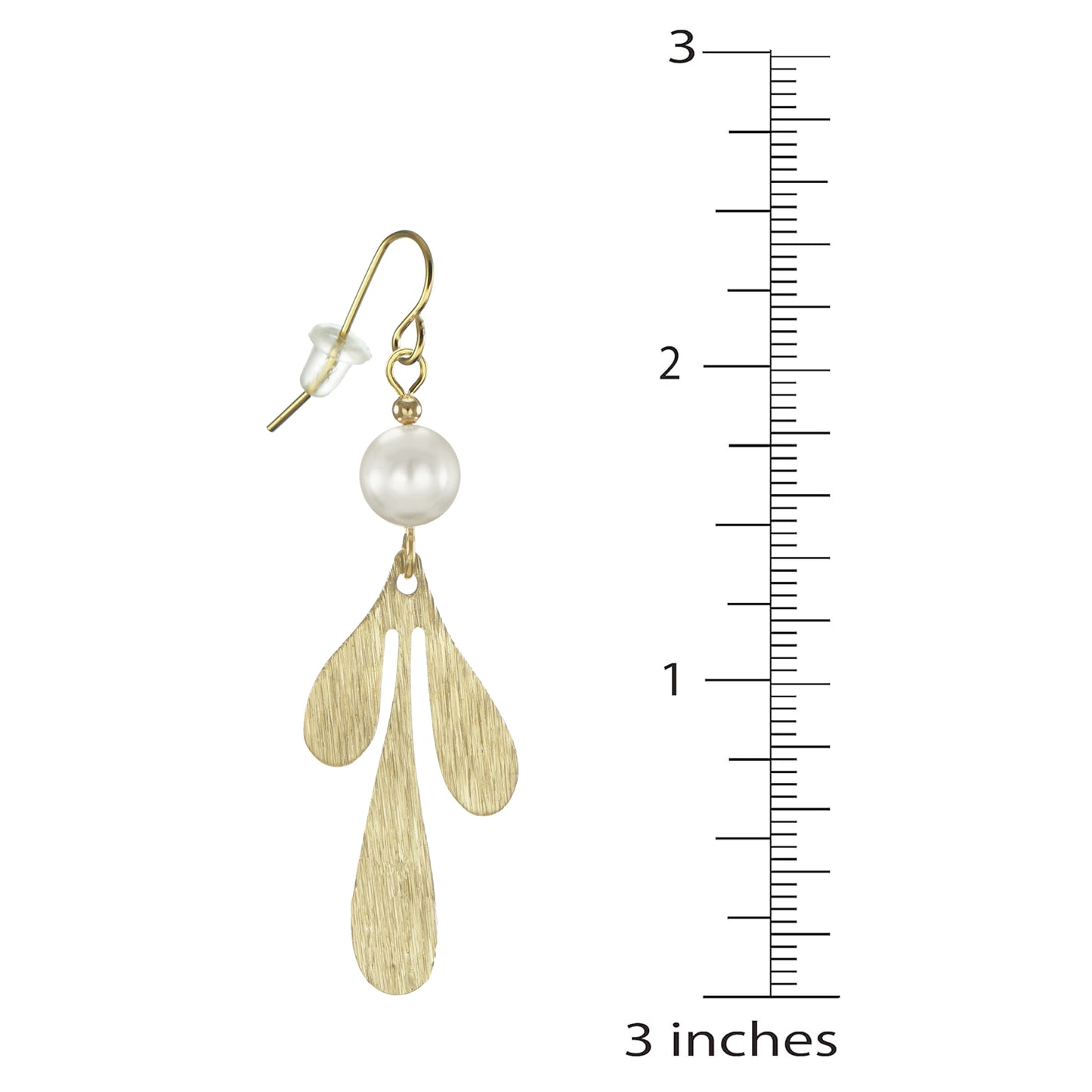 Graceful Brushed Gold Curved Petal Drops with White Austrian Crystal Pearl Earrings, 18K Gold Earwires