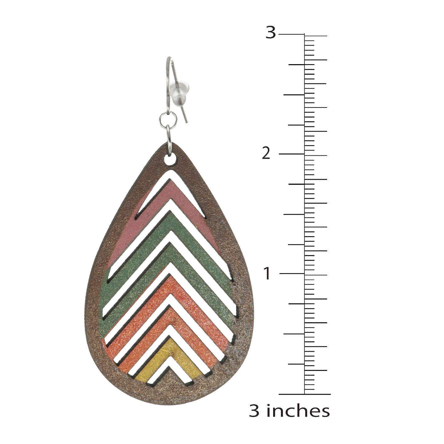 Retro Rainbow Wood Teardrop Boho Statement Earrings, Platinum Wires
