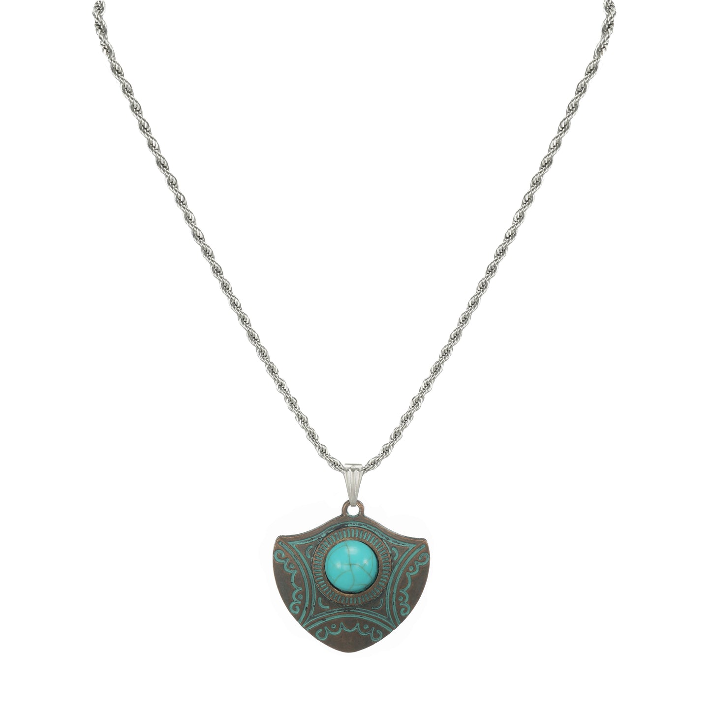 High Quality Unisex Stainless Steel Rope Chain with Unique Copper Patina and Turquoise Pendant – 19 ½ inches