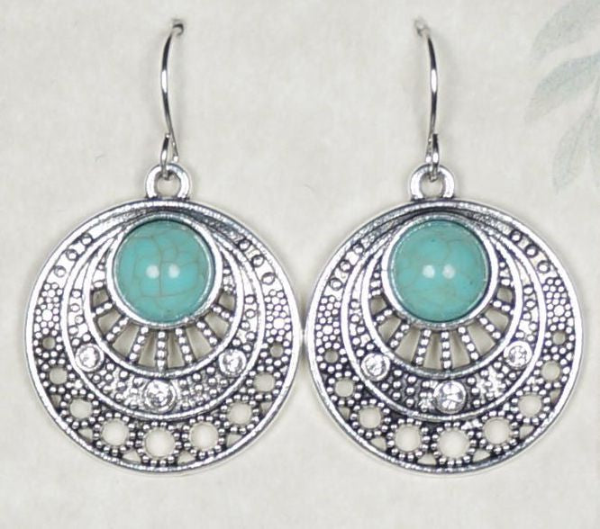 Turquoise and Silver Round Boho Dangle Earrings, Hypoallergenic Platinum Ear Wires, Gift for Her