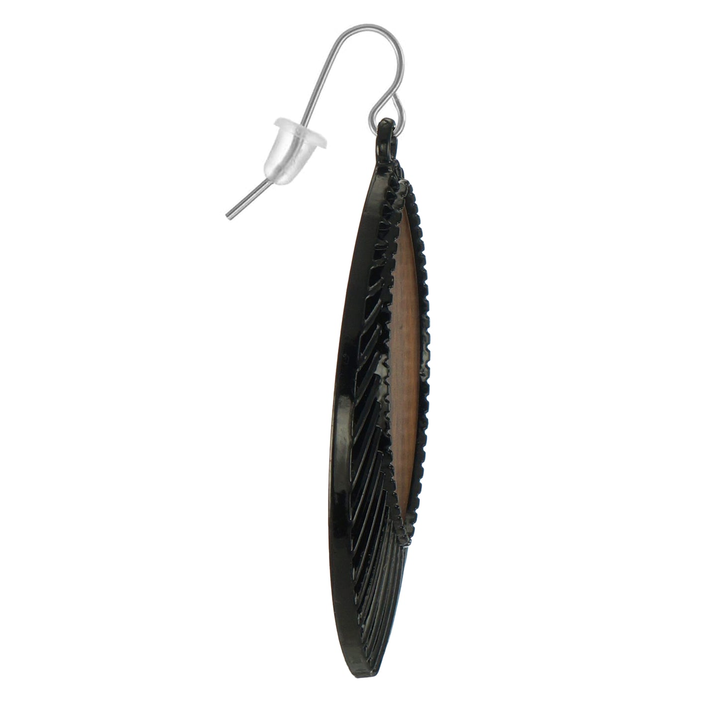 Beautiful Black Metal and Wood Diamond Shaped Boho Statement Dangle Earrings, Platinum Ear Wires