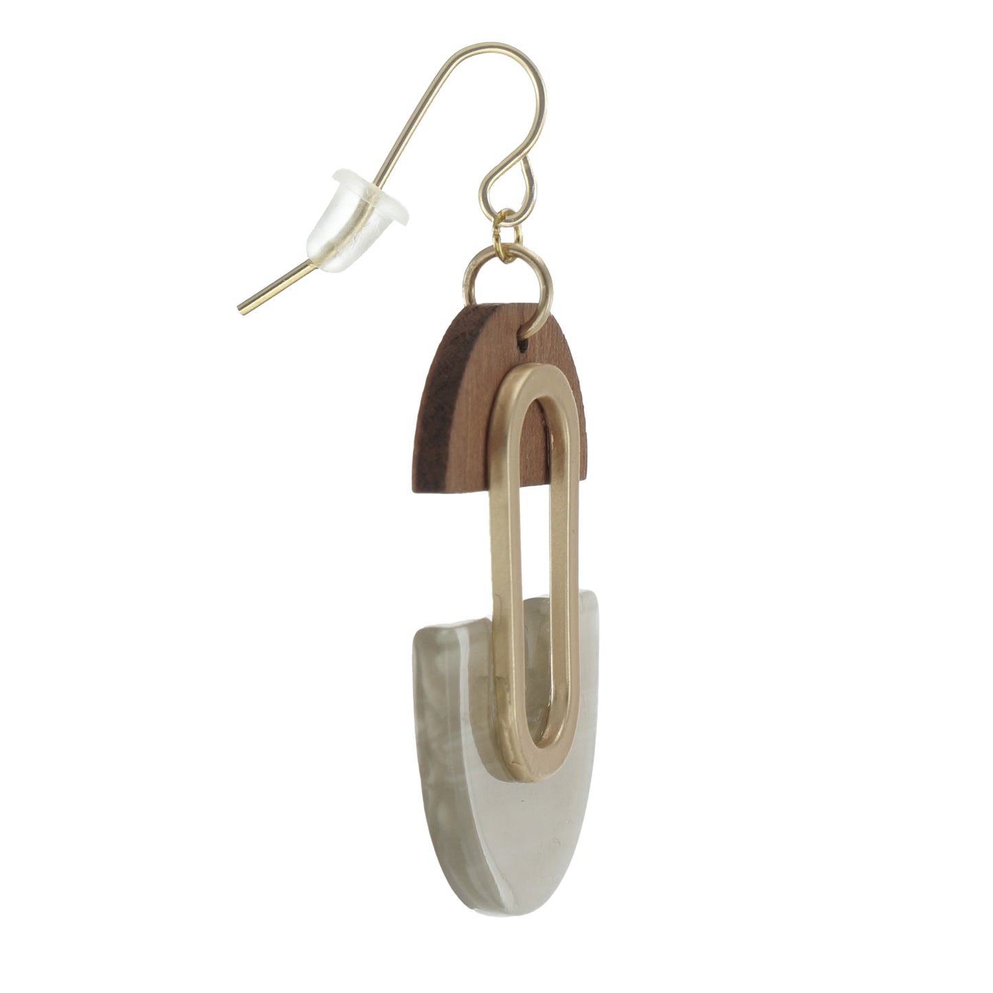 Bohemian Neutral Beige Acrylic and Brown Wood Earrings, 18K Gold Ear Wires