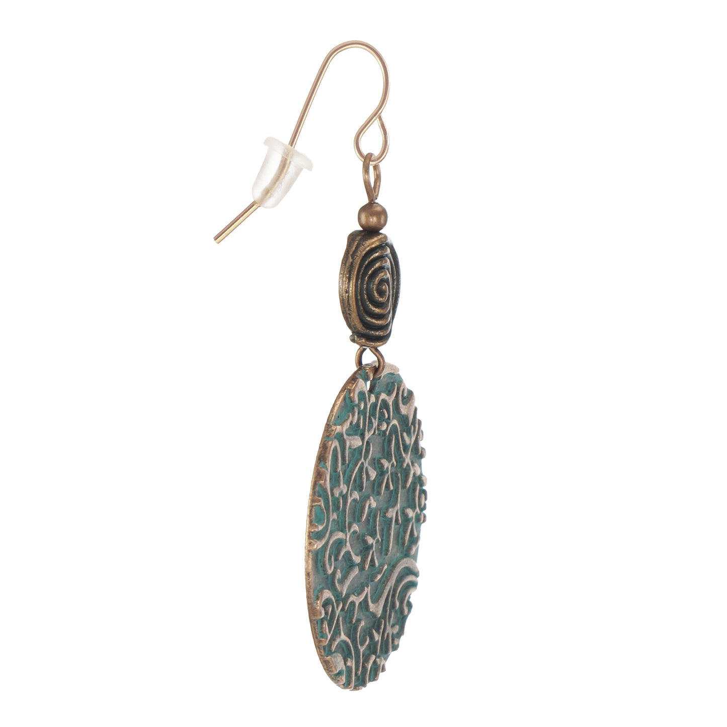 Round Copper Patina Rustic Boho Swirl Statement Dangle Earring, Rose Gold Ear wires