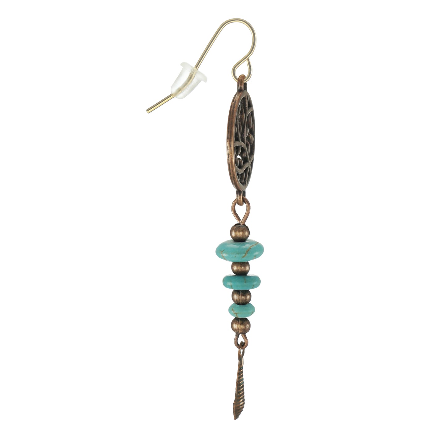 Beautiful Round Antique Copper Filigree and Turquoise Dangle Earrings, 18K Gold Ear Wires
