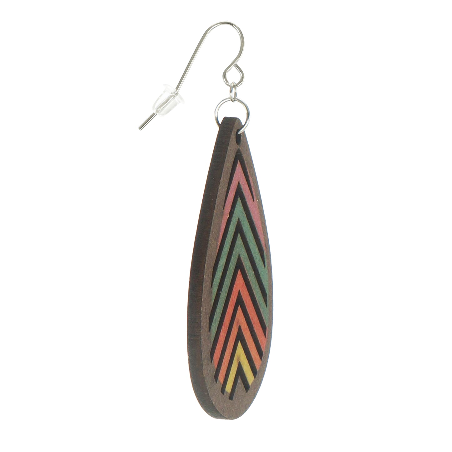 Retro Rainbow Wood Teardrop Boho Statement Earrings, Platinum Wires