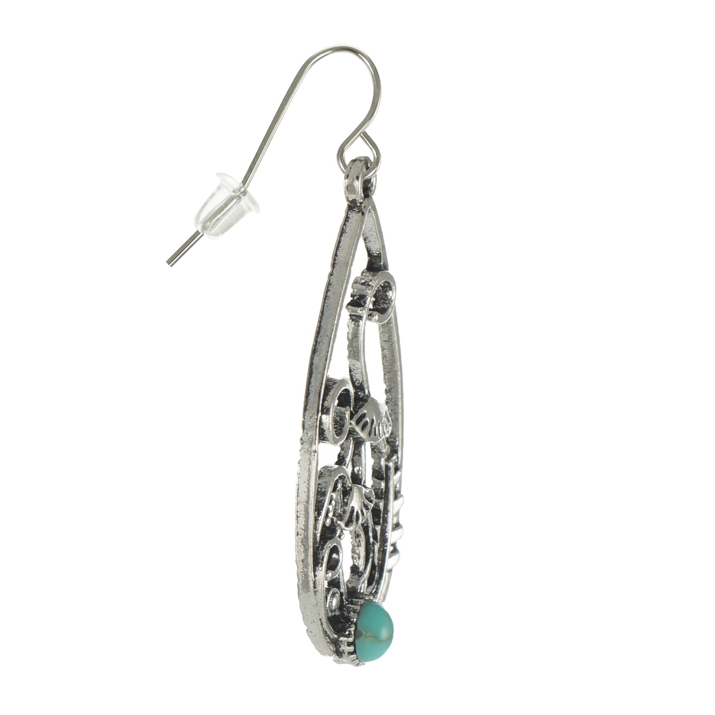 Silver Leaves with Mushrooms and Turquoise Boho Teardrop Statement Earrings, Platinum Ear Wires