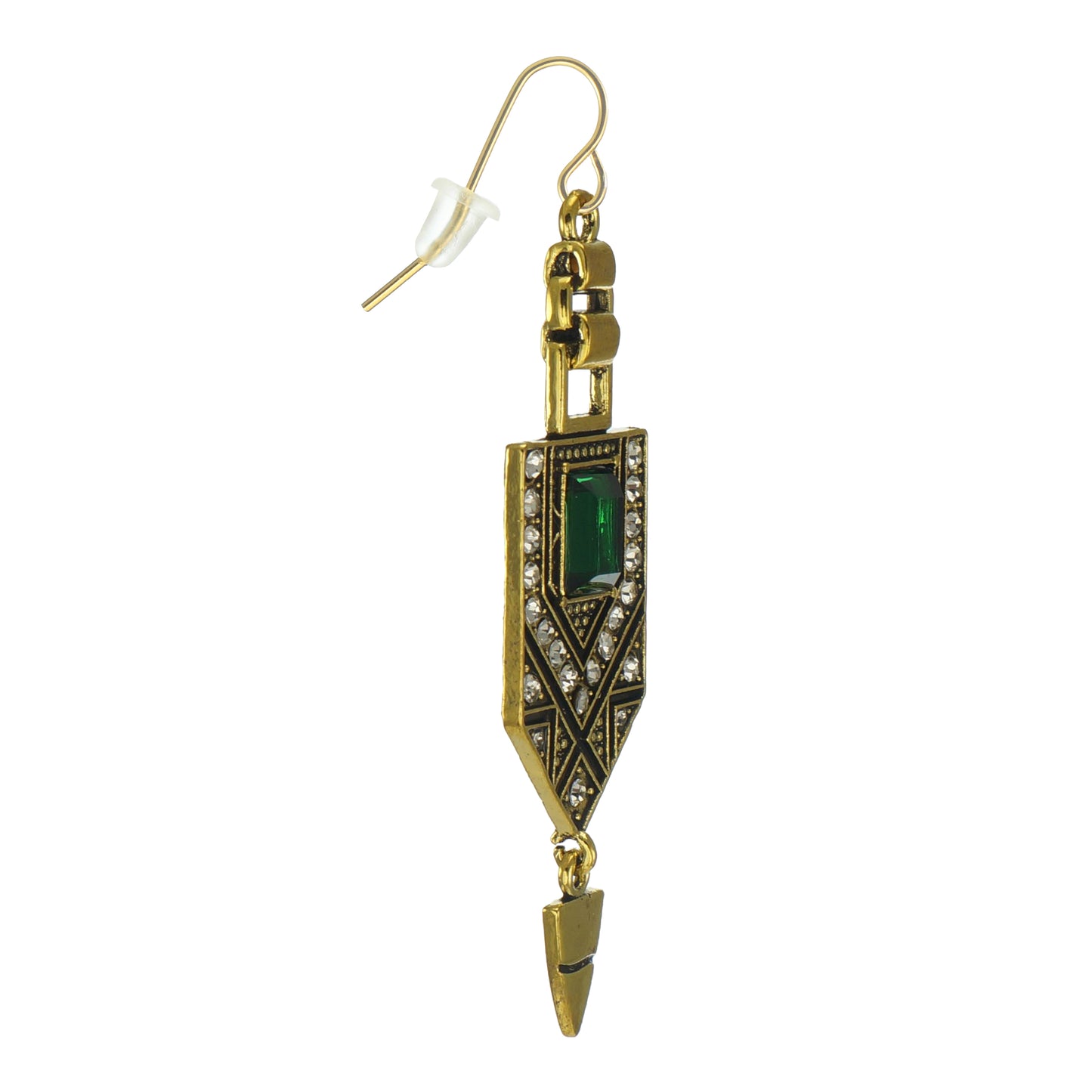 Vintage Art Deco Gold & Green Aztec Boho Statement Earrings, 18K Gold Ear Wires