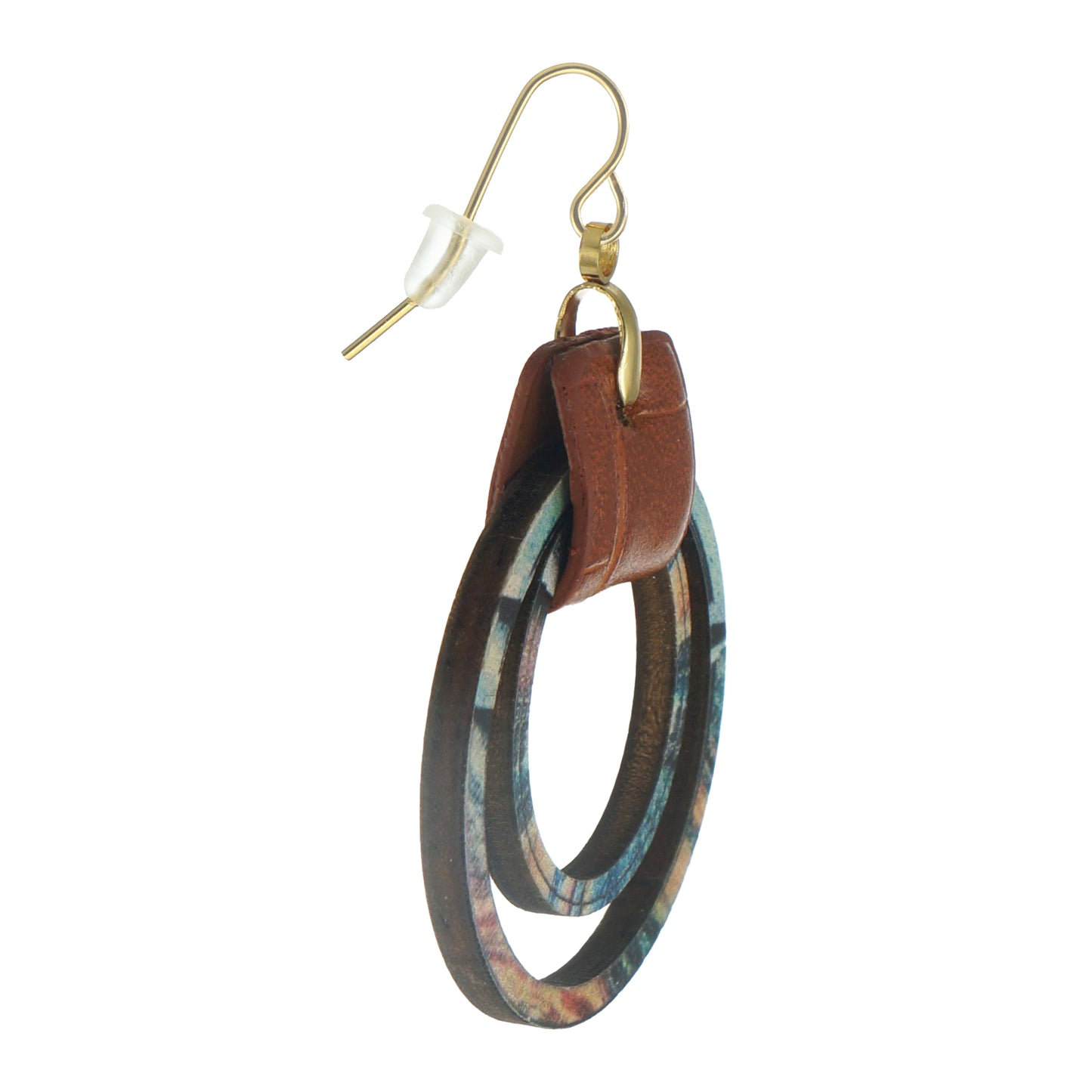 Beautiful Rustic Boho Multi Colored Blue Double Hoop Wood & Leather Statement Earrings 18K Gold Ear Wires