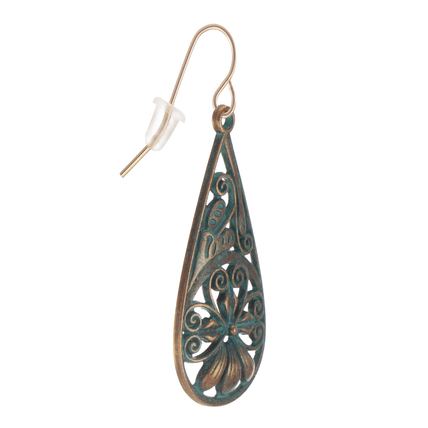 Copper Patina Flower Teardrop Earrings, Rose Gold Ear Wires