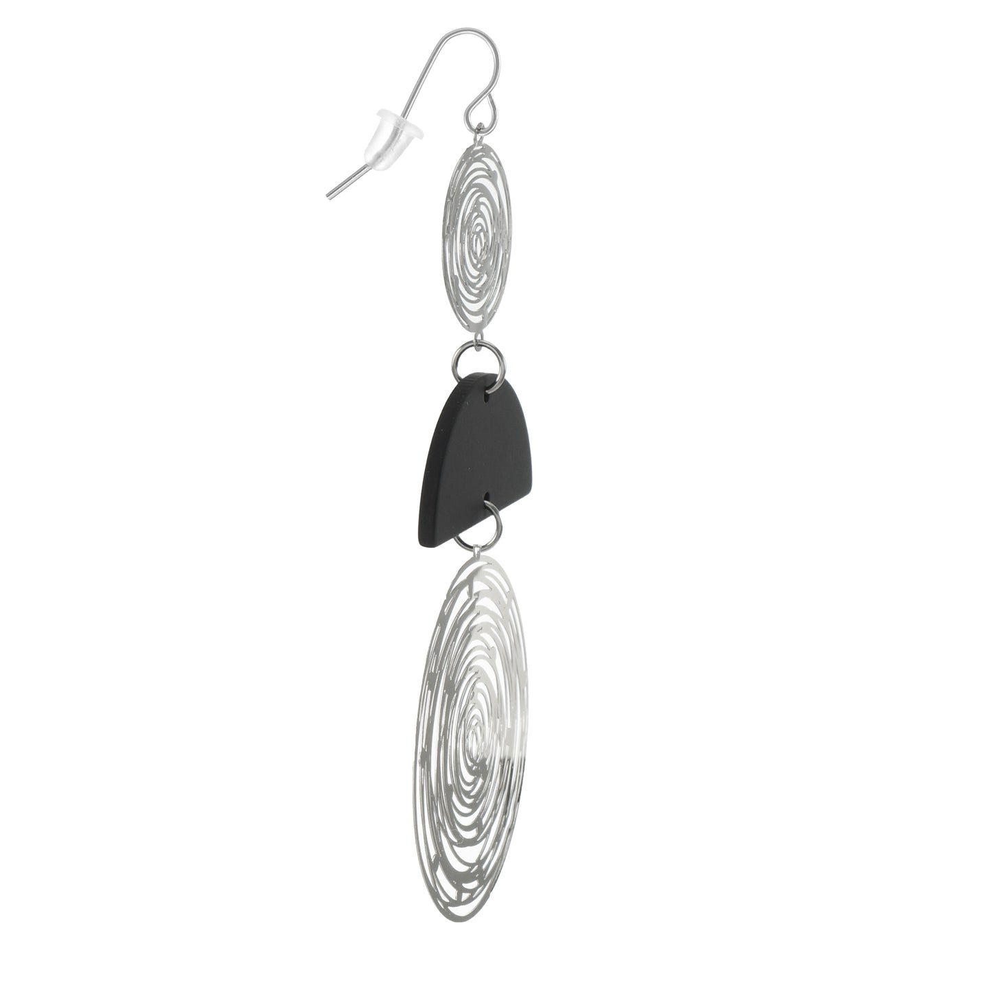 Large Black & Silver Circles Lightweight Hoop Statement Earrings, Platinum Ear Wires