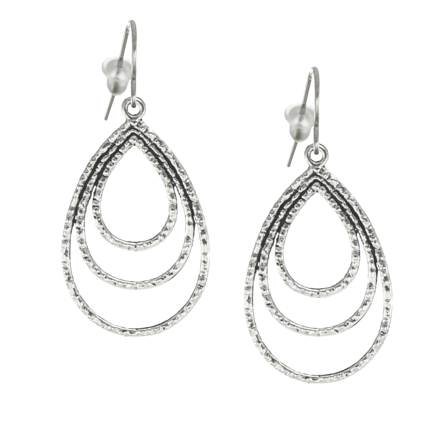 Hammered Silver Triple Teardrop Minimalist Everyday Earrings, Platinum Ear Wires