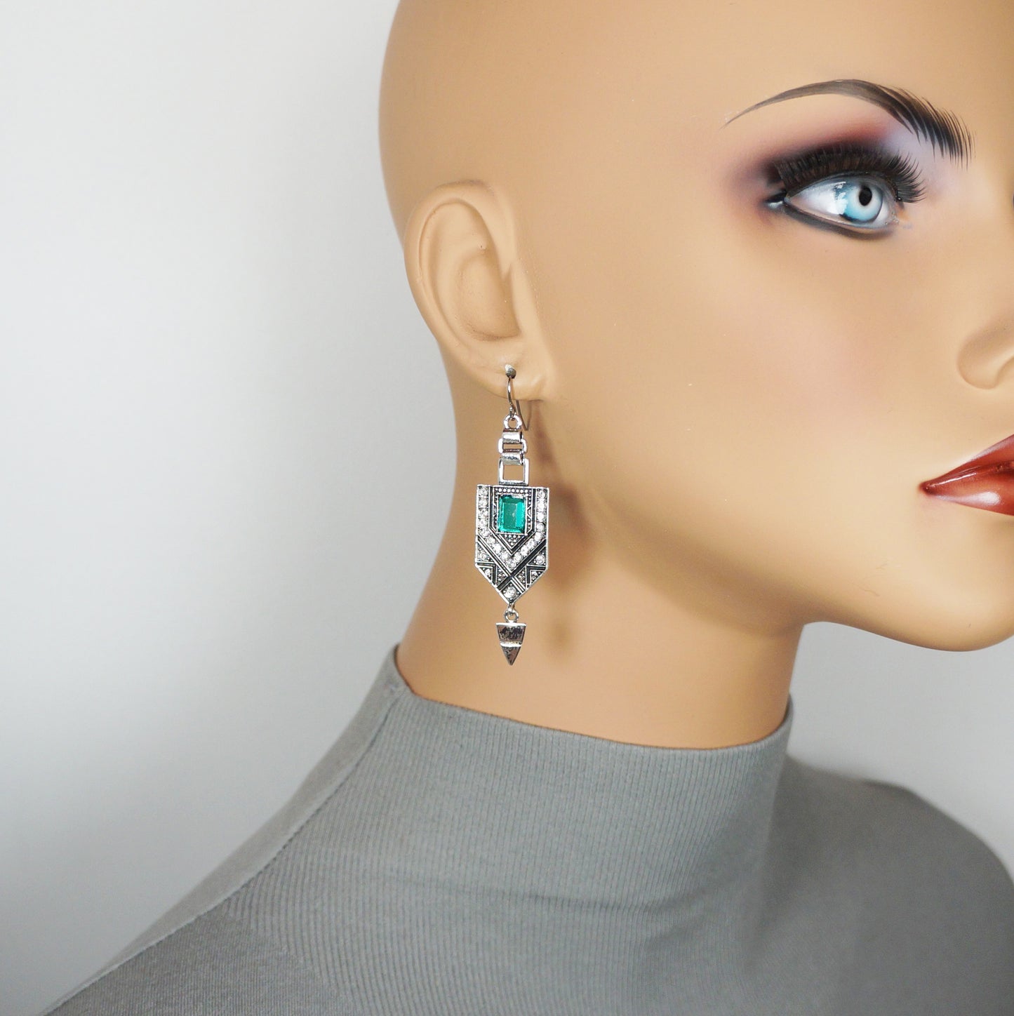 Silver & Green Egyptian Inspired Boho Statement Earrings, Platinum Ear Wires