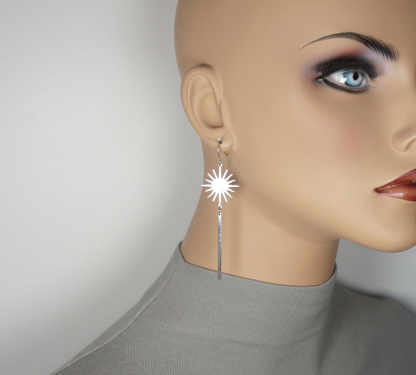 Celestial Brushed Silver Star Long Minimalist Dangle Earrings, Platinum Ear Wires