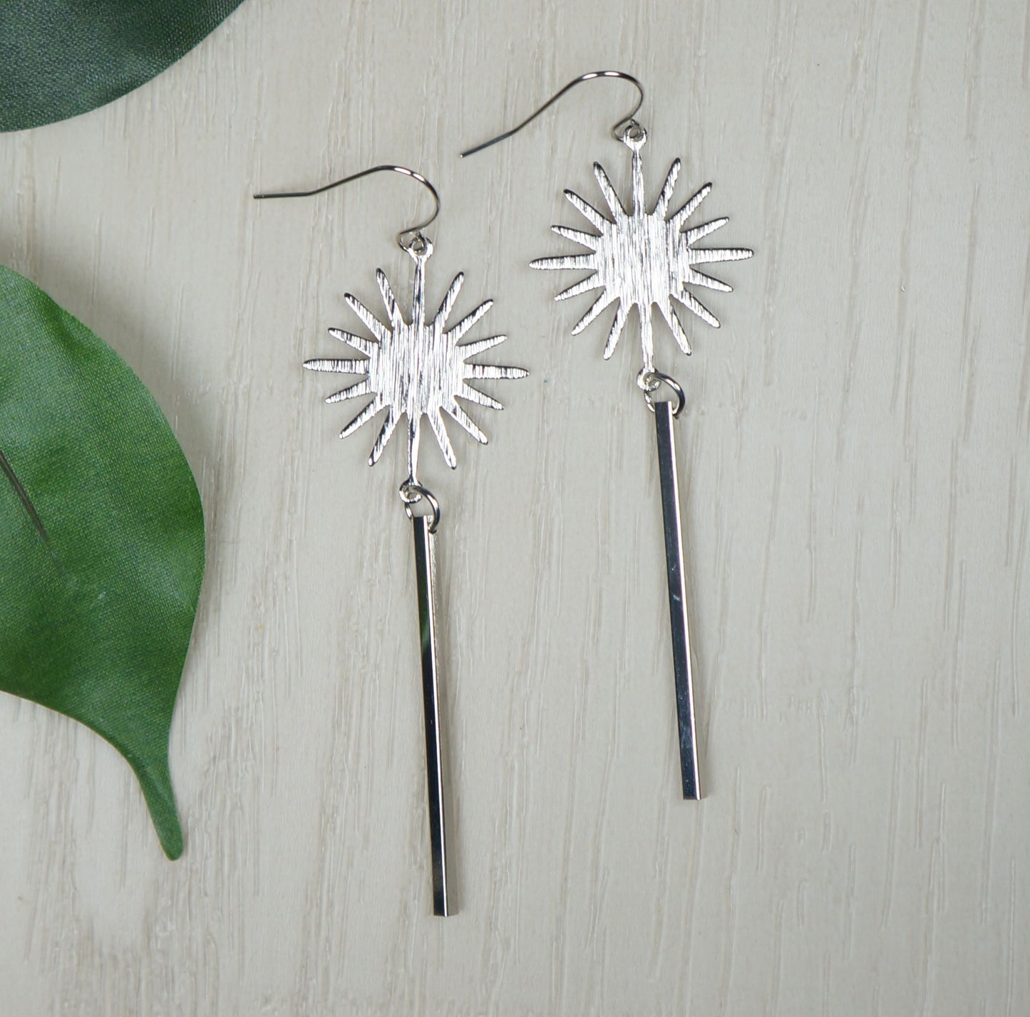 Celestial Brushed Silver Star Long Minimalist Dangle Earrings, Platinum Ear Wires