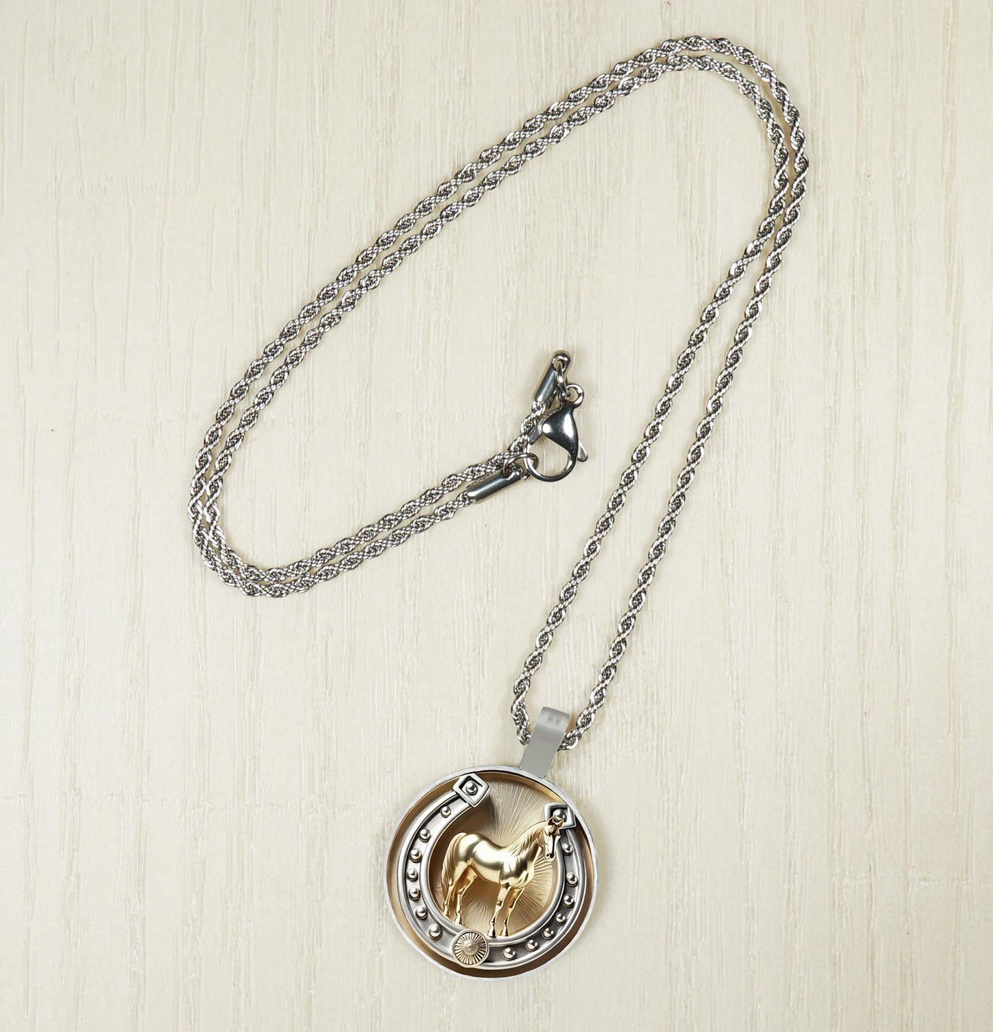 Intricate Highly Detailed Equestrian Horse & Horseshoe Pendant Necklace, Stainless Steel Rope Chain, 20 Inch, Gift for Him or Her