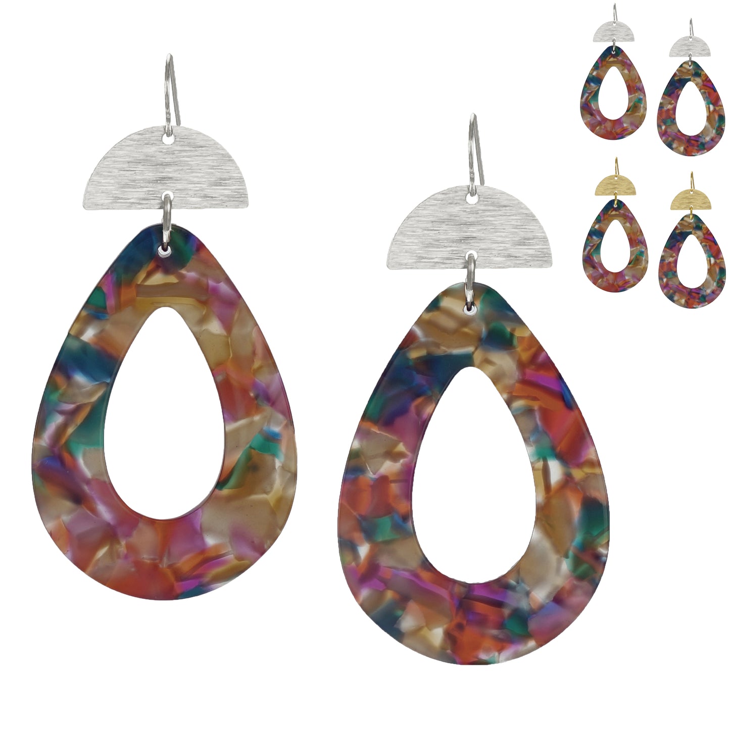 Vibrant Confetti Teardrop & Brushed Half Moon Boho Statement Earrings, Gold or Silver