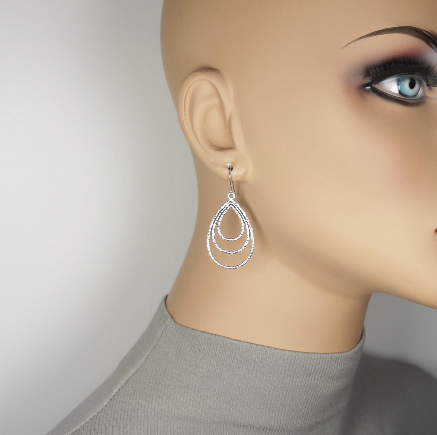 Hammered Silver Triple Teardrop Minimalist Everyday Earrings, Platinum Ear Wires