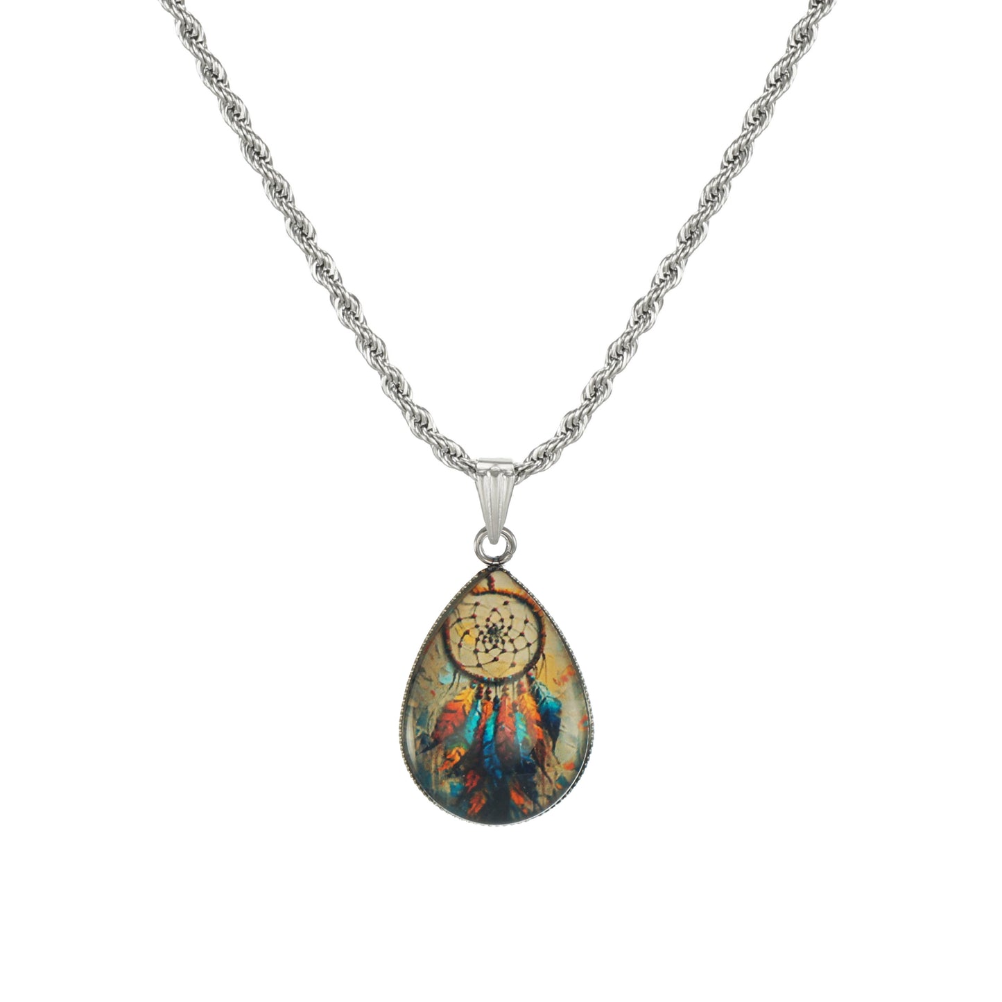 High Quality Stainless Steel Rope Chain with Blue or Tan boho Dream Catcher Teardrop Pendant – 19 1/2 inches