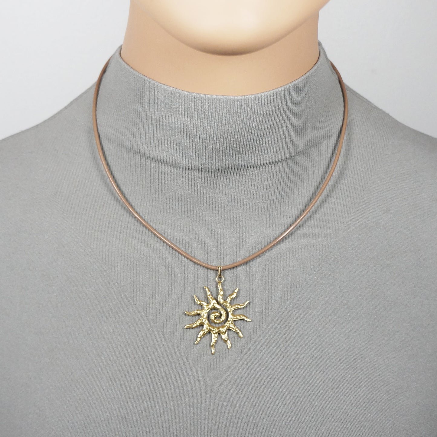 Celestial Hammered Gold Boho Sun Pendant Tan Leather Cord Necklace, Length Choices
