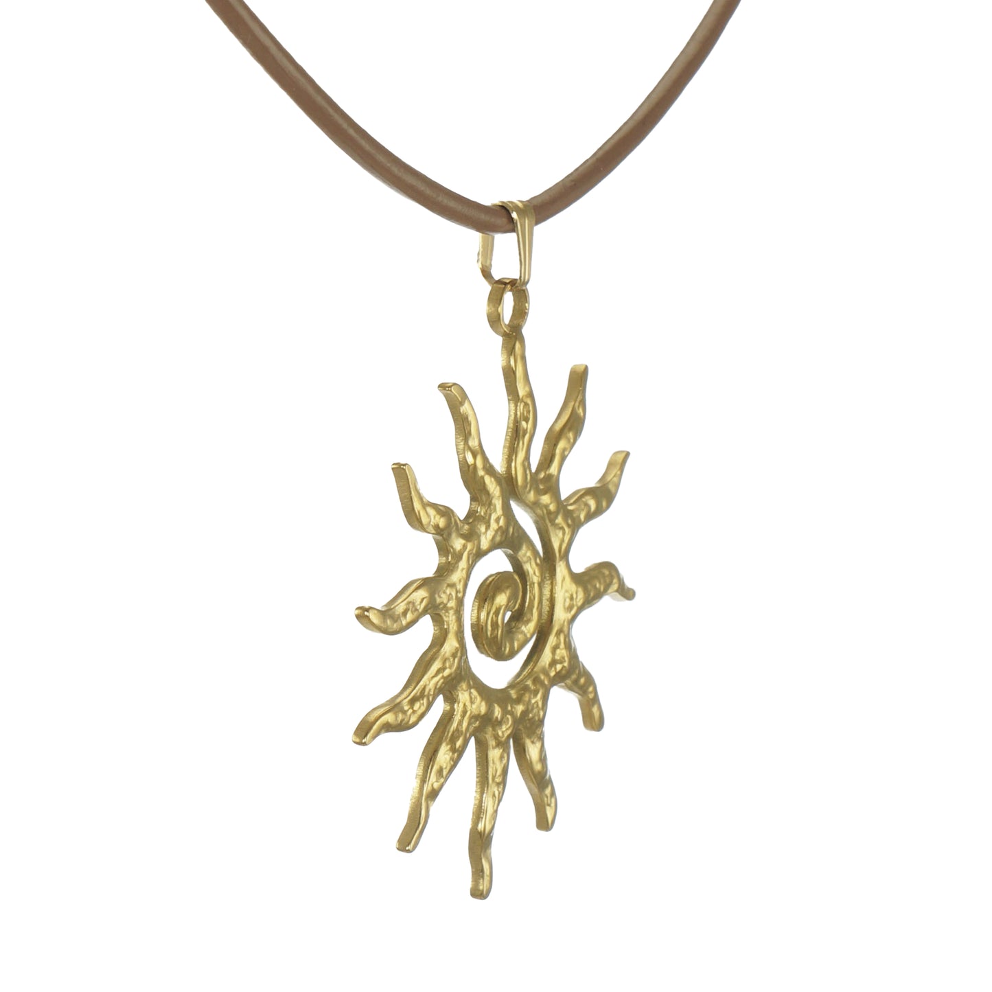 Celestial Hammered Gold Boho Sun Pendant Tan Leather Cord Necklace, Length Choices