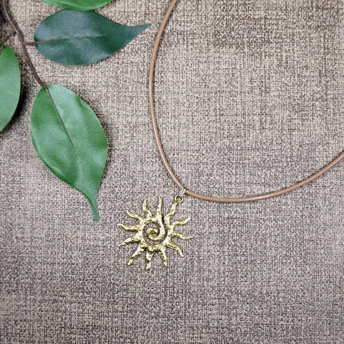 Celestial Hammered Gold Boho Sun Pendant Tan Leather Cord Necklace, Length Choices