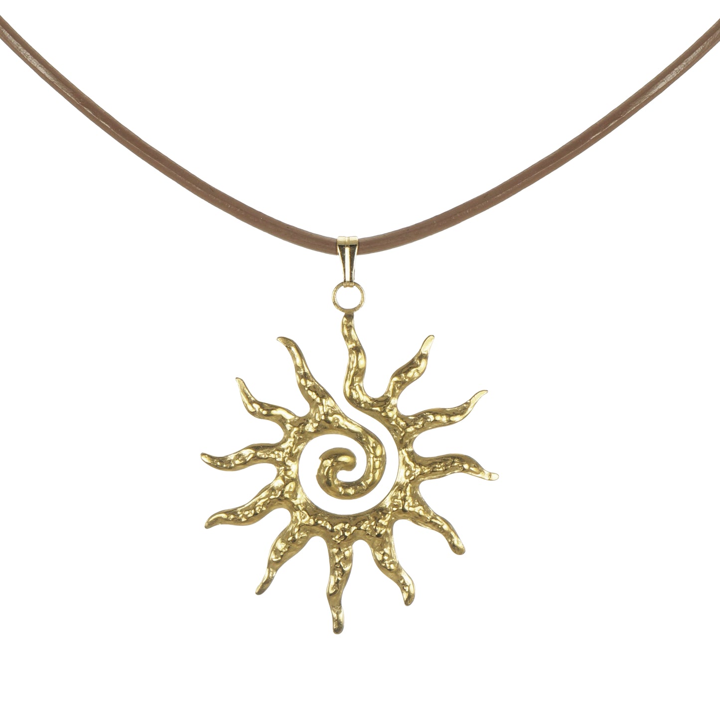 Celestial Hammered Gold Boho Sun Pendant Tan Leather Cord Necklace, Length Choices