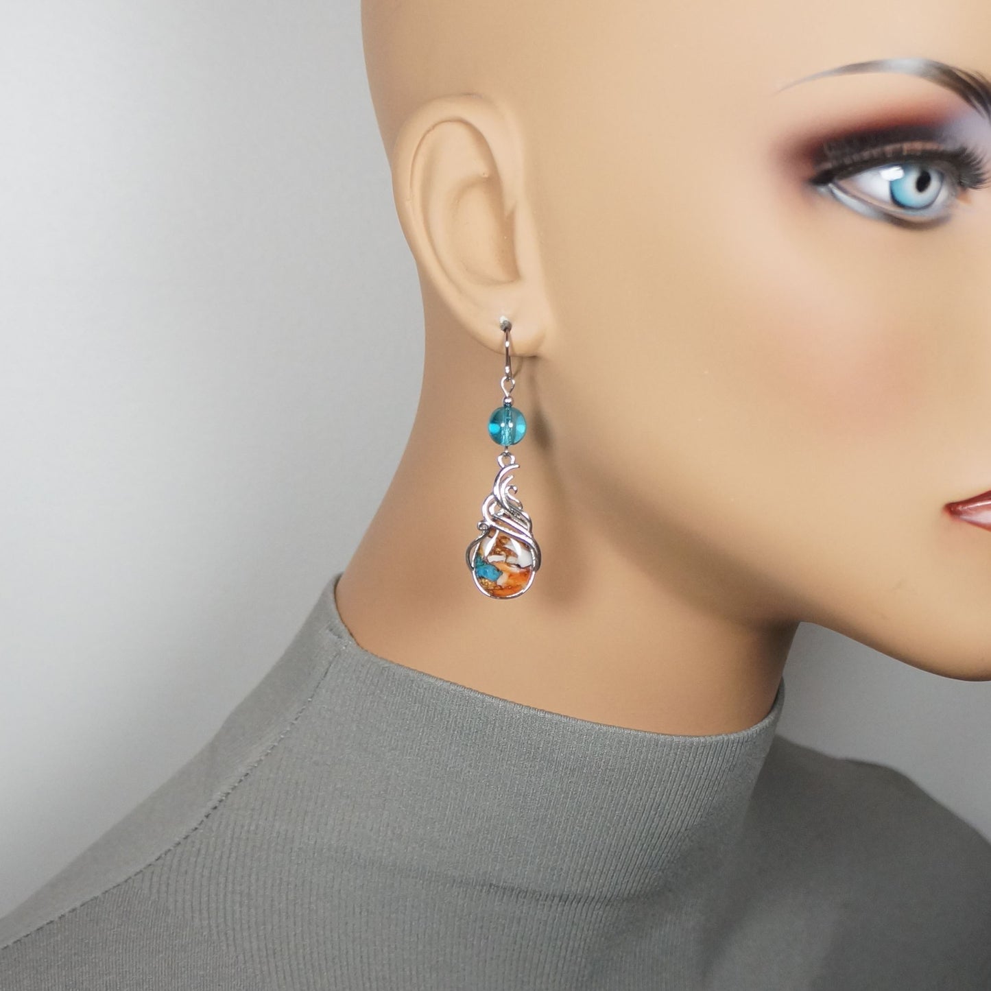 Beautiful RainbowTurquoise and Silver Swirl Teardrop Earrings, Platinum Ear Wires