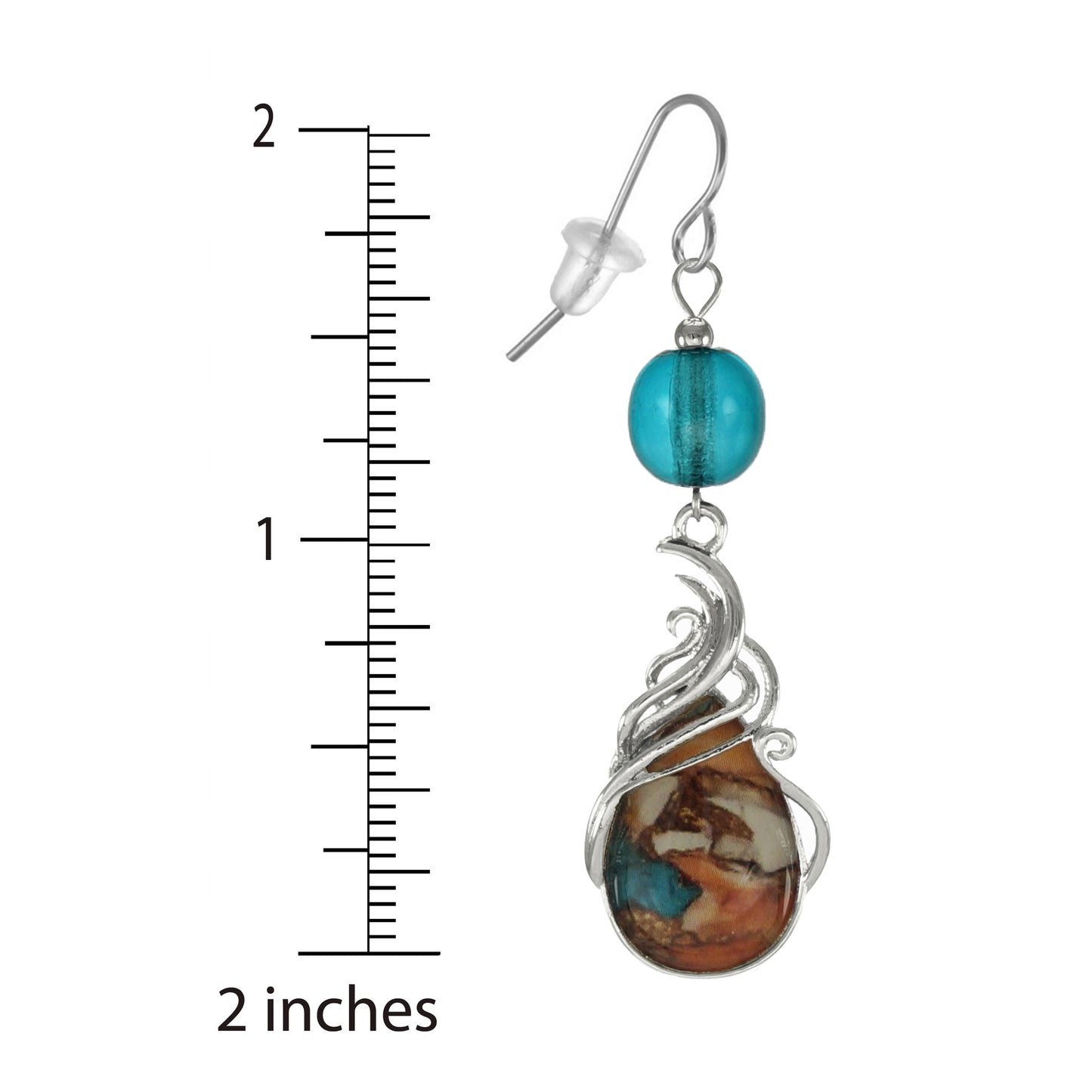 Beautiful RainbowTurquoise and Silver Swirl Teardrop Earrings, Platinum Ear Wires