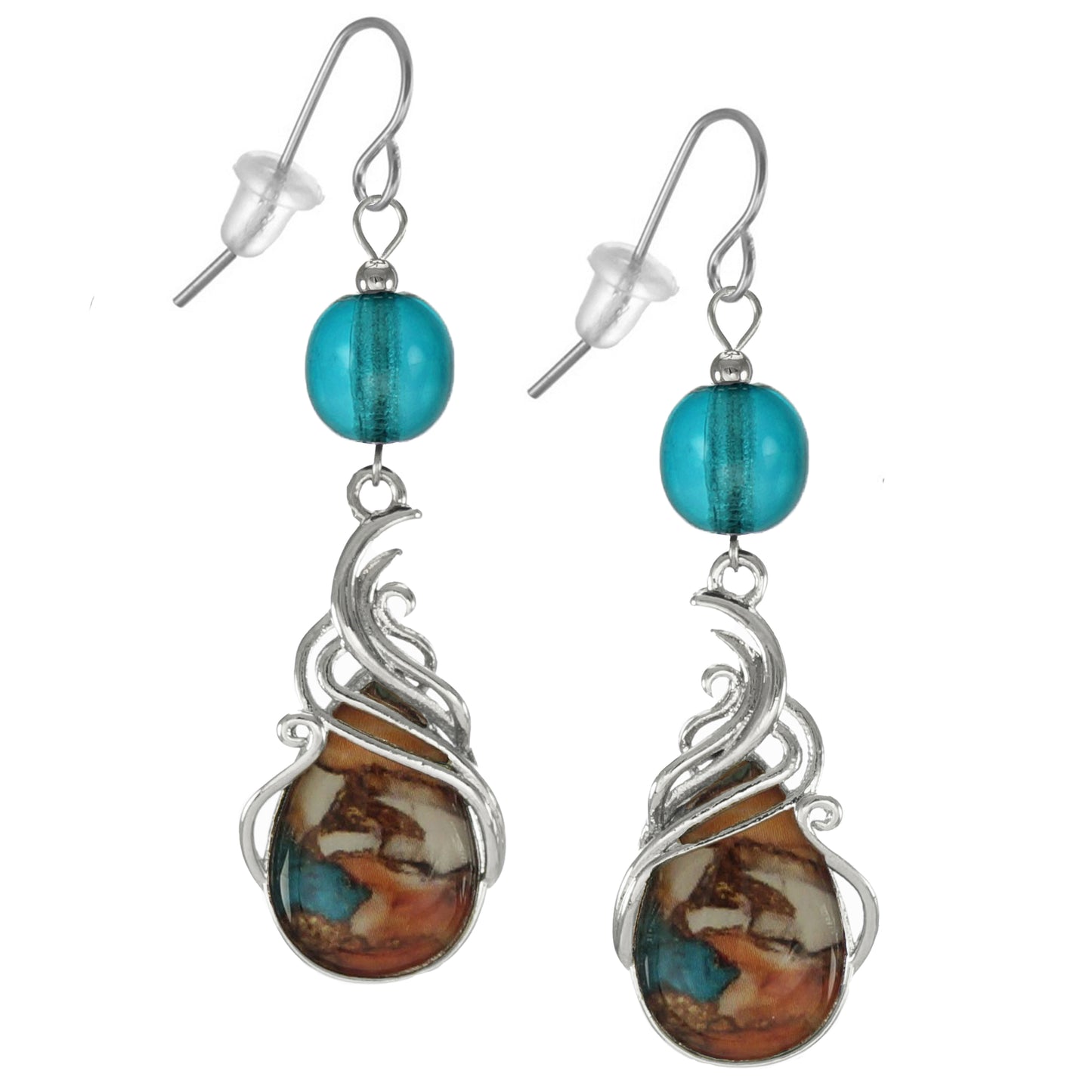 Beautiful RainbowTurquoise and Silver Swirl Teardrop Earrings, Platinum Ear Wires