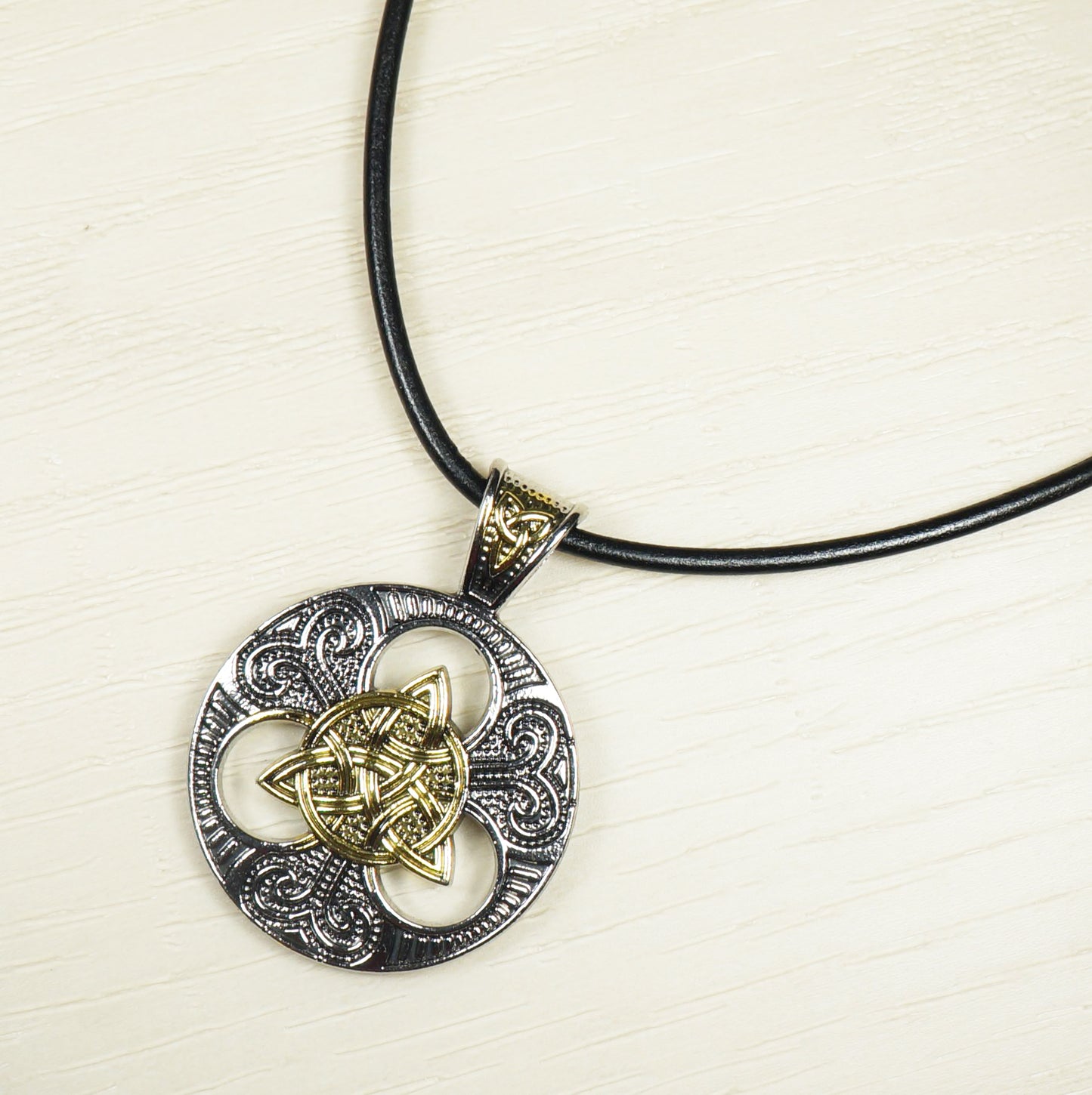 Gold & Silver Celtic Trinity Knot Statement Pendant Leather Cord Necklace on Black Greek Leather, Unisex Jewelry, Length Choices