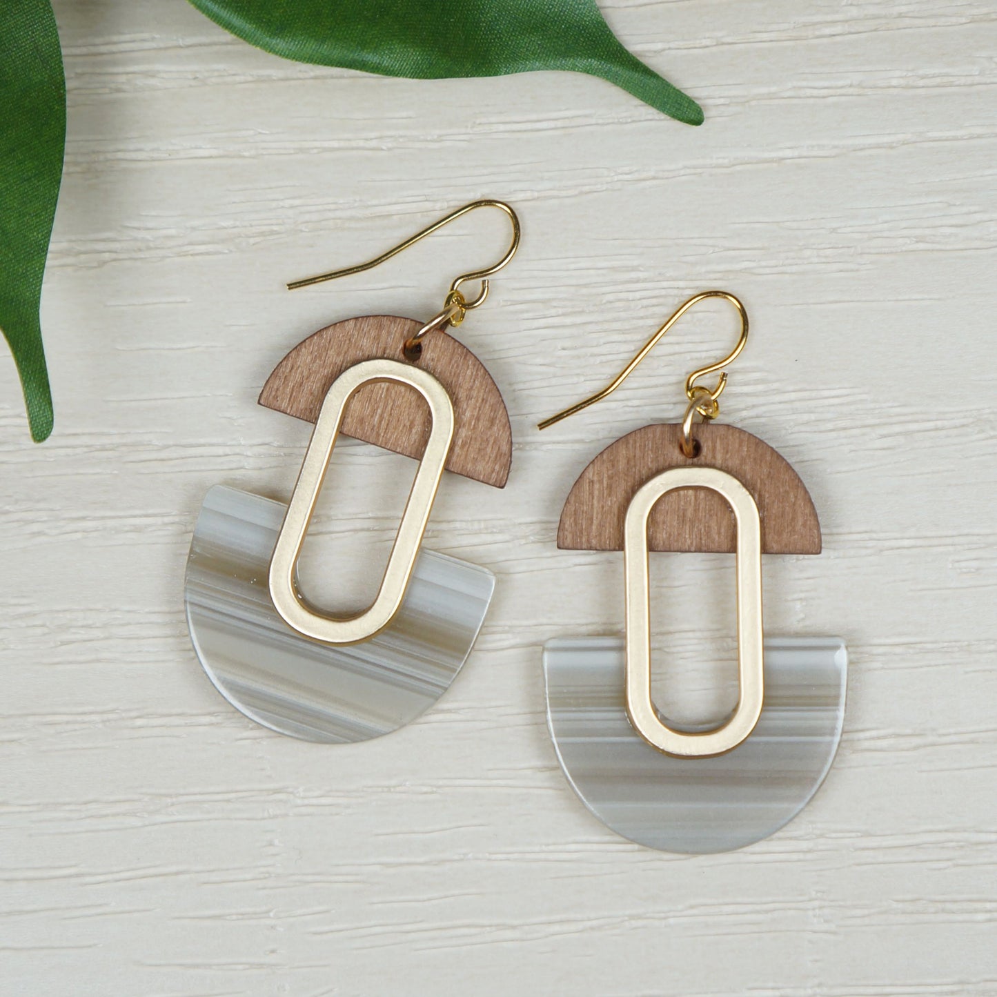 Bohemian Neutral Beige Acrylic and Brown Wood Earrings, 18K Gold Ear Wires
