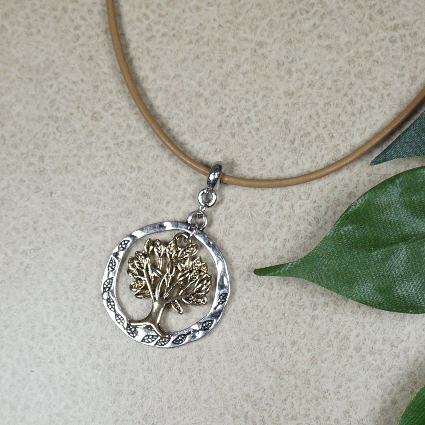 Handmade Unisex Boho Tan Leather Cord with Gold and Silver Pewter Tree of Life Pendant, Length Choices