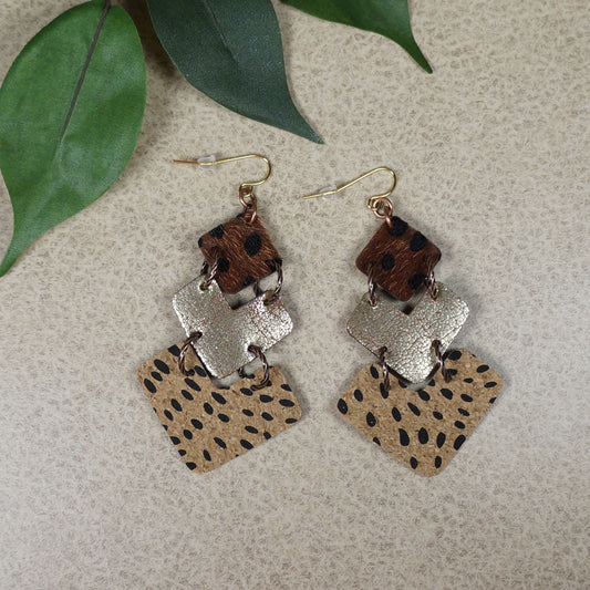 Beautiful Large Vegan Leather Animal Print Light Weight Statement Earrings, 18K Gold Ear Wires