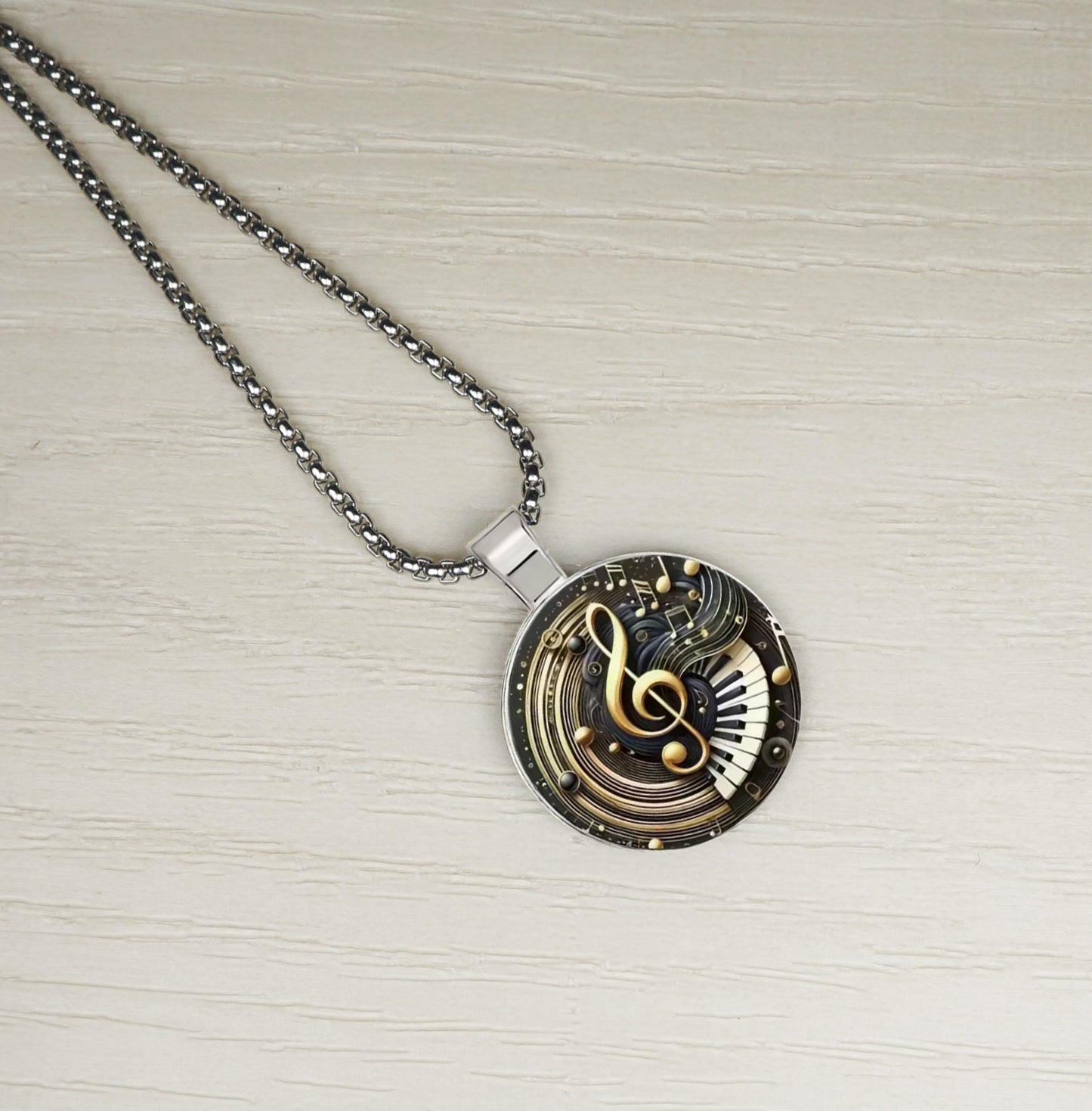 Intricate Highly Detailed 2-D Treble Clef Music Pendant, Stainless Steel Necklace, Length Choices