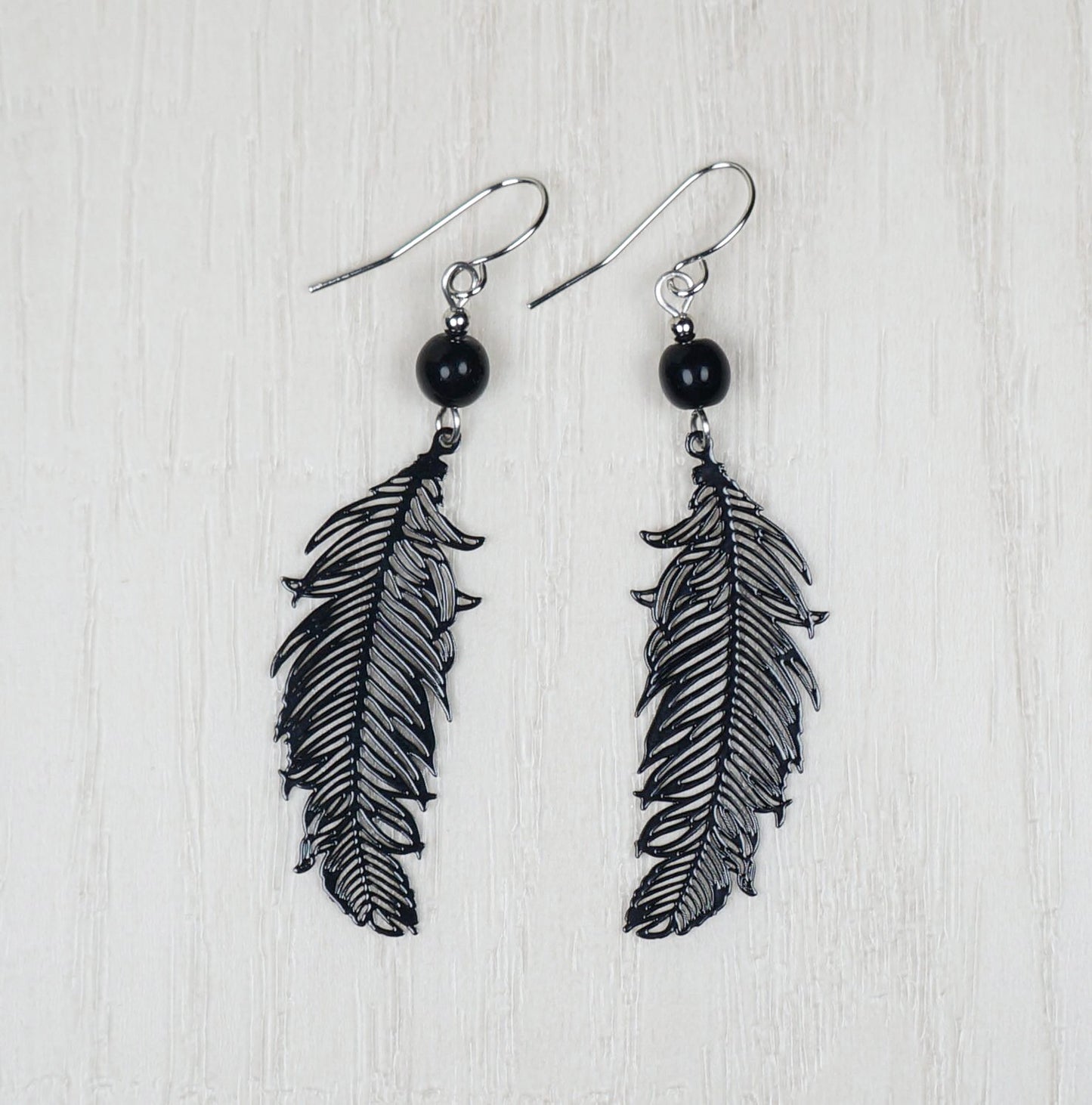 Black Boho Feather Dangle Earrings, Hypoallergenic Platinum Ear Wires, Gift for Her