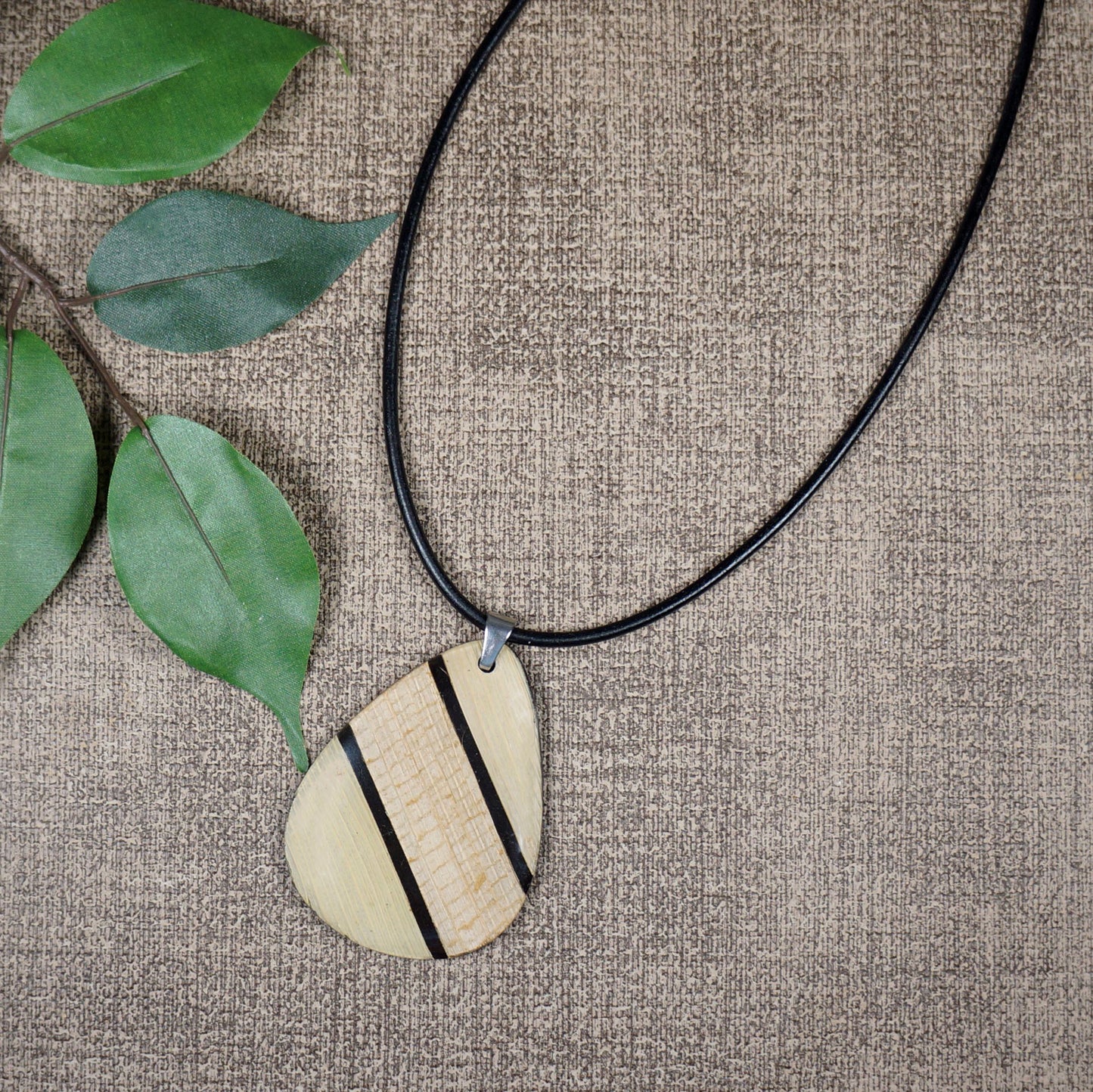 Corn Husk Inlay Teardrop Pendant and Black Leather Statement Necklace, Length Choices
