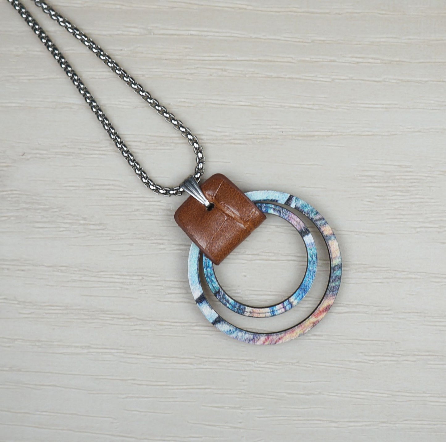 Rustic Blue Wood Hoop & Leather Pendant, Stainless Steel Chain Necklace, Length Choices