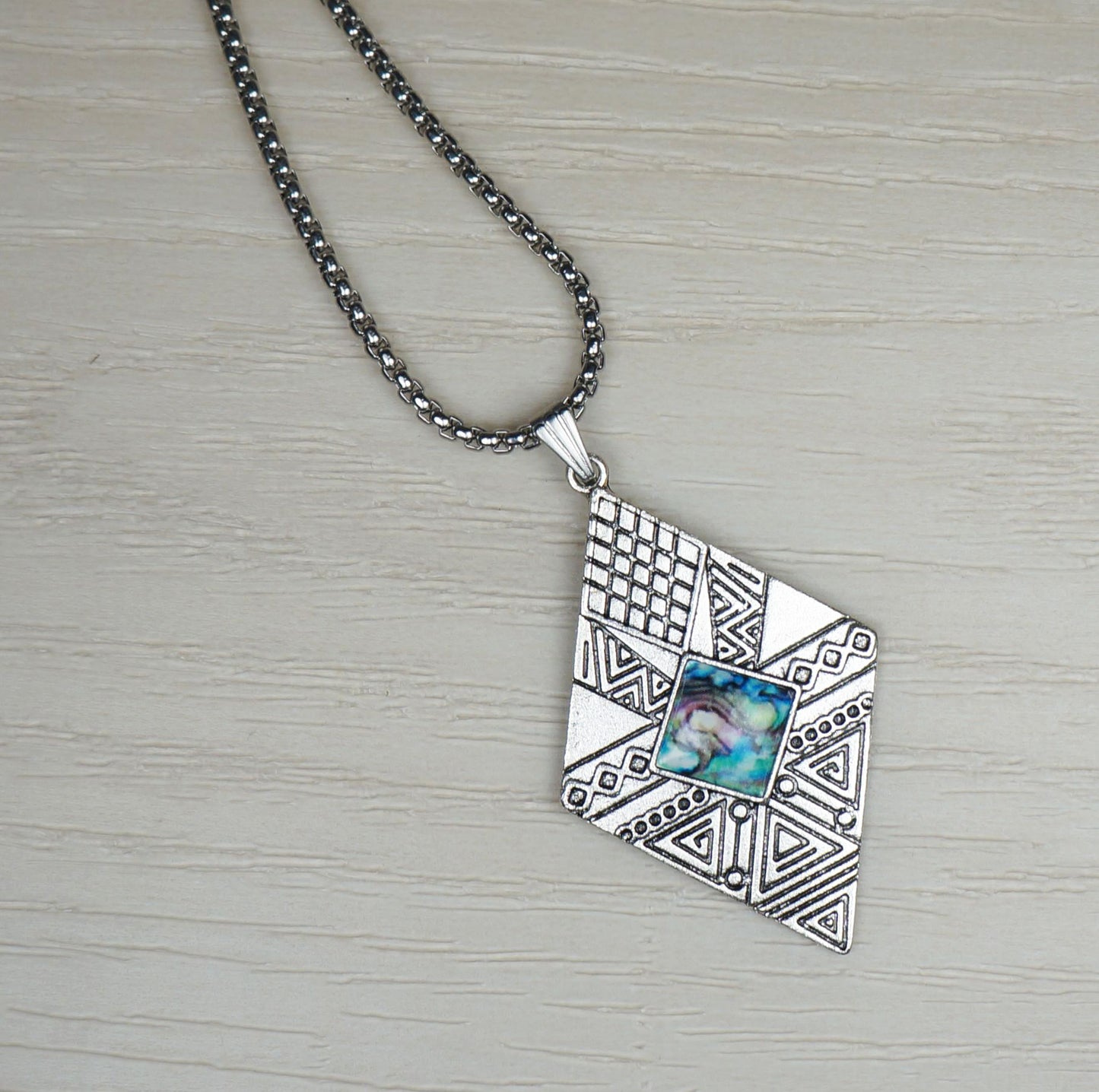 Aztec Inspired Silver and Blue Pendant, Stainless Steel Chain Necklace, Length Choices