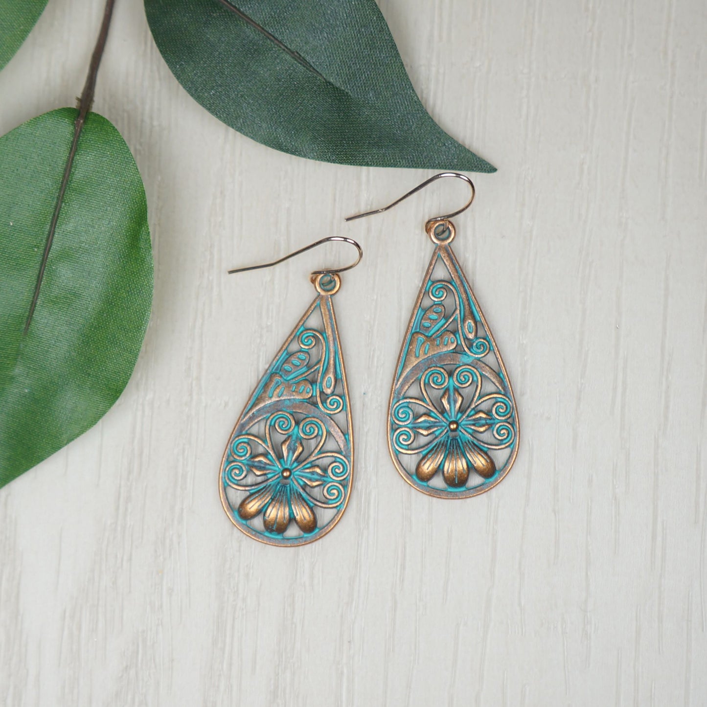 Copper Patina Flower Teardrop Earrings, Rose Gold Ear Wires