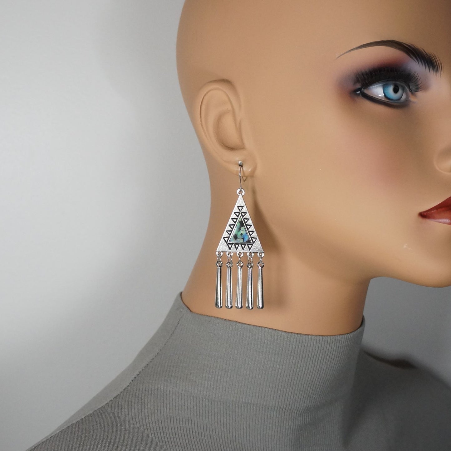 Silver Triangle Western Abalone Look Boho Statement Earrings, Platinum Wires