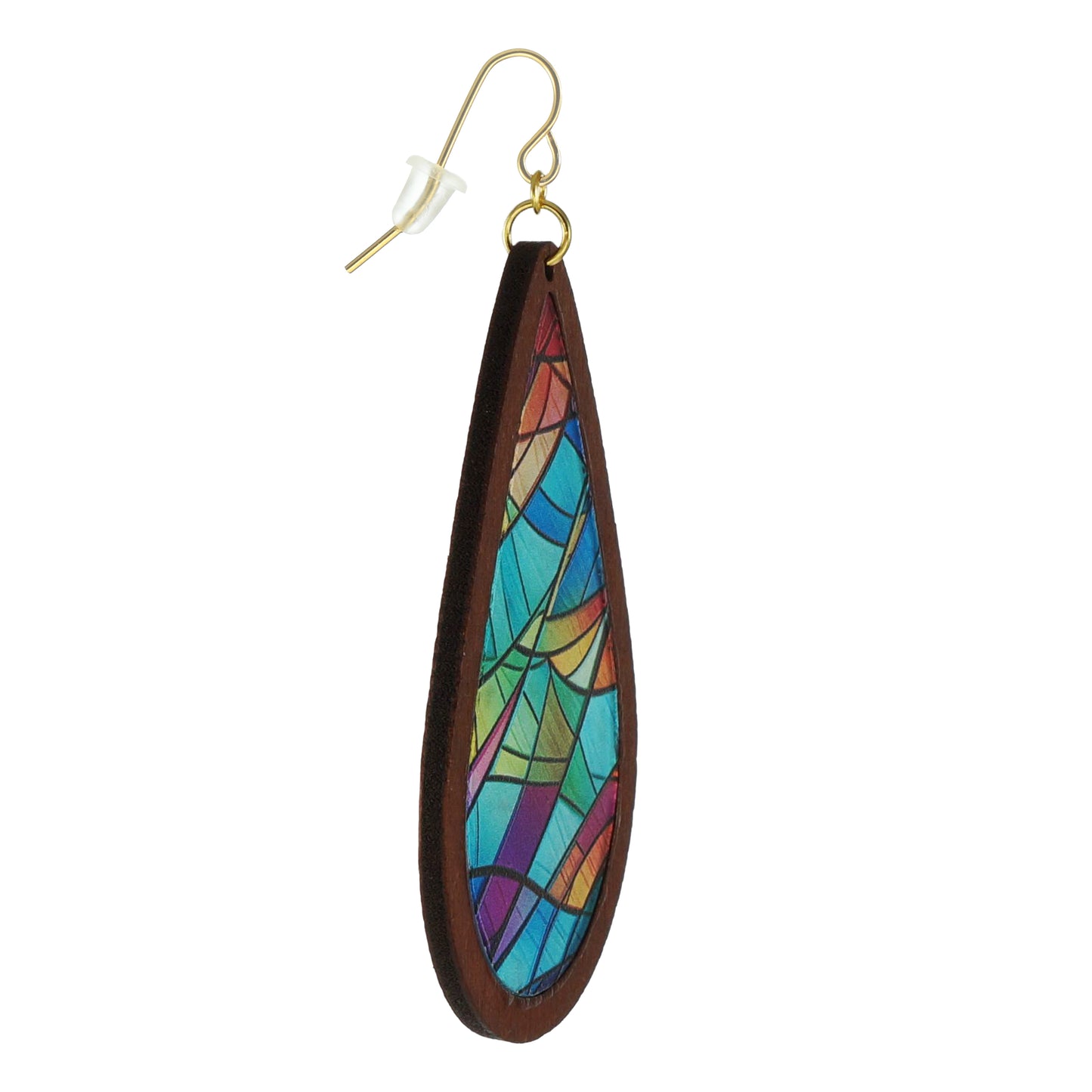 Colorful Stained Glass Effect Lightweight Brown Wood Teardrop Boho Statement Earrings, 18K Gold Ear Wires